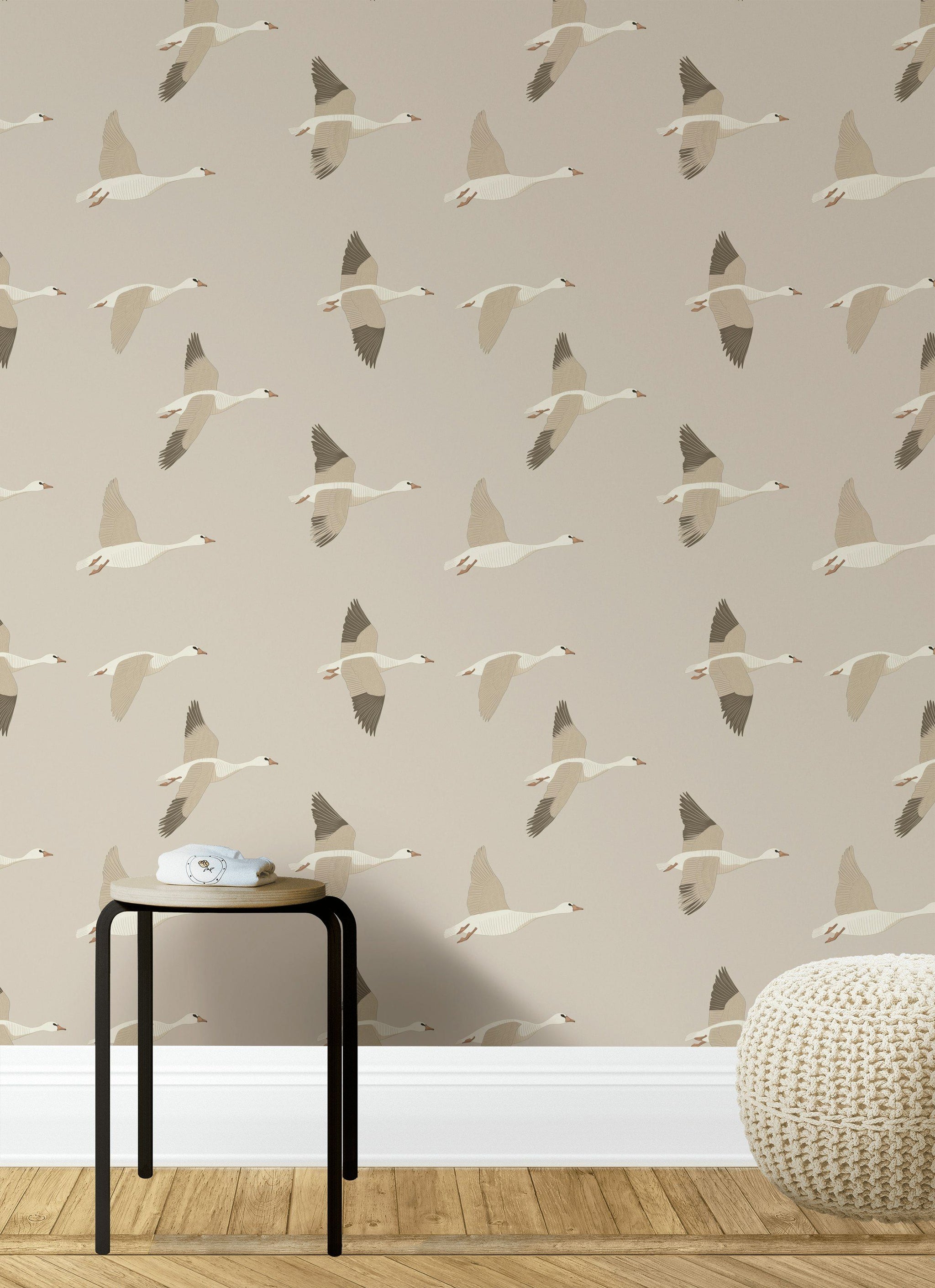 Earthy Beige Geese Flight Wallpaper