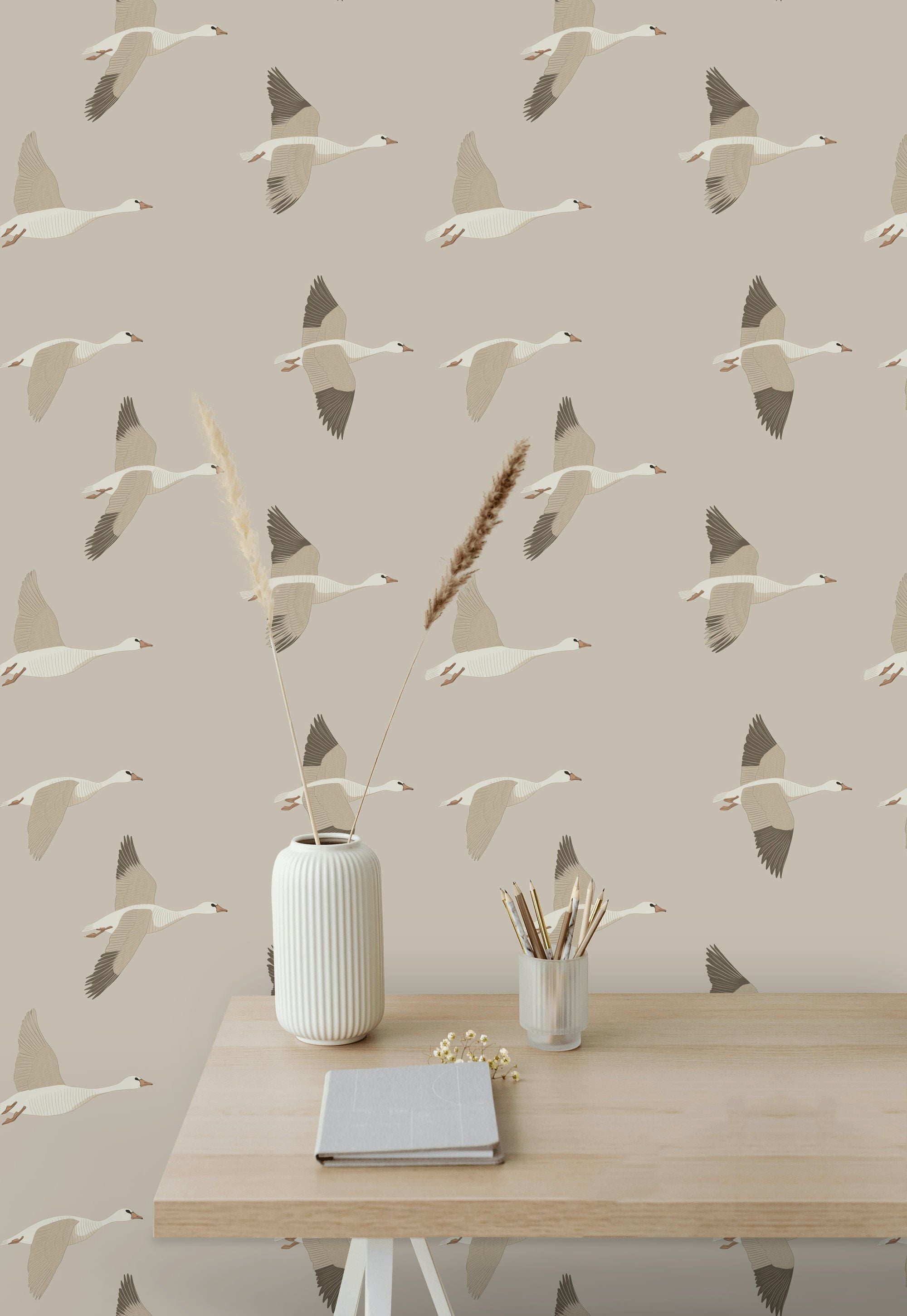 Earthy Beige Geese Flight Wallpaper