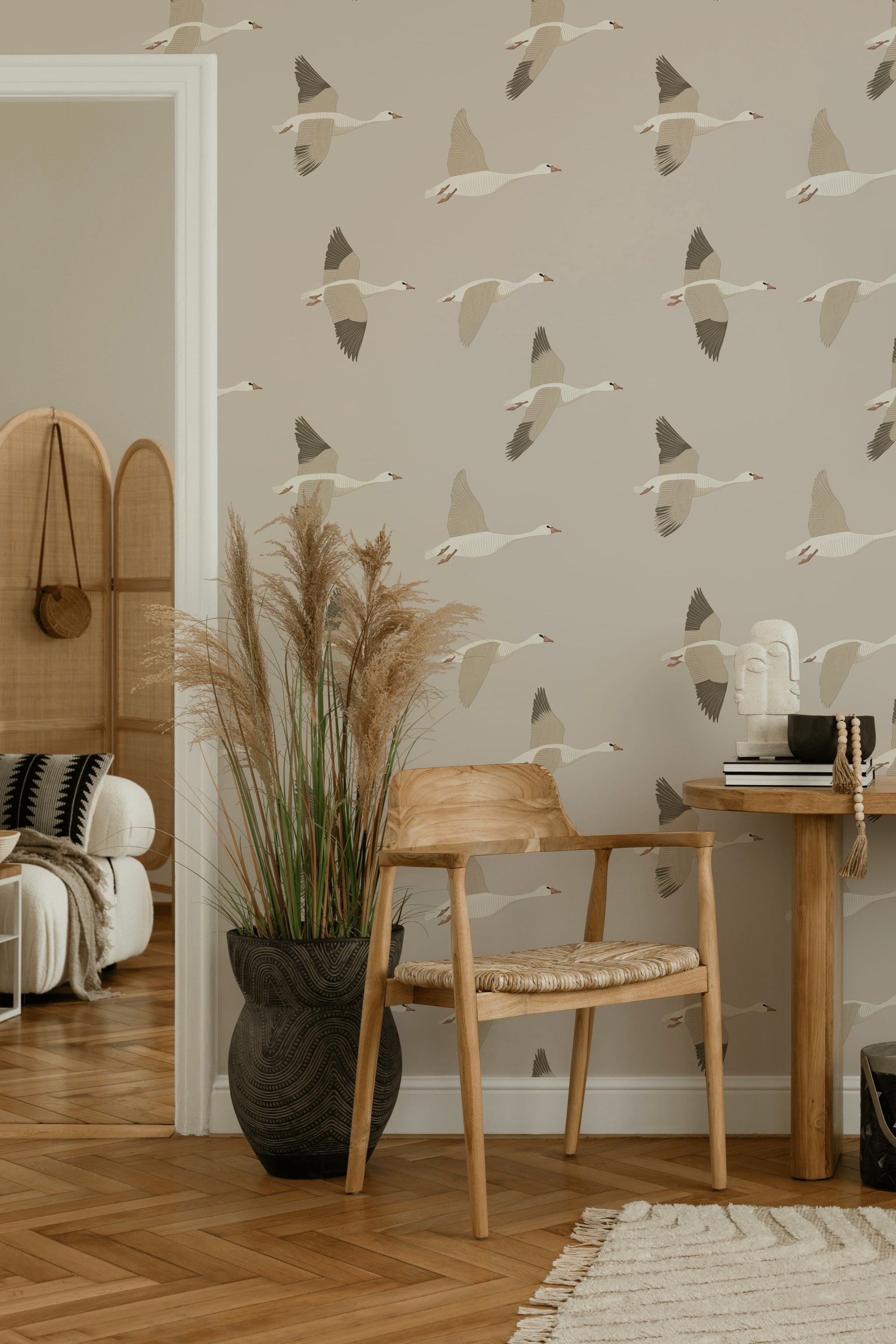 Earthy Beige Geese Flight Wallpaper