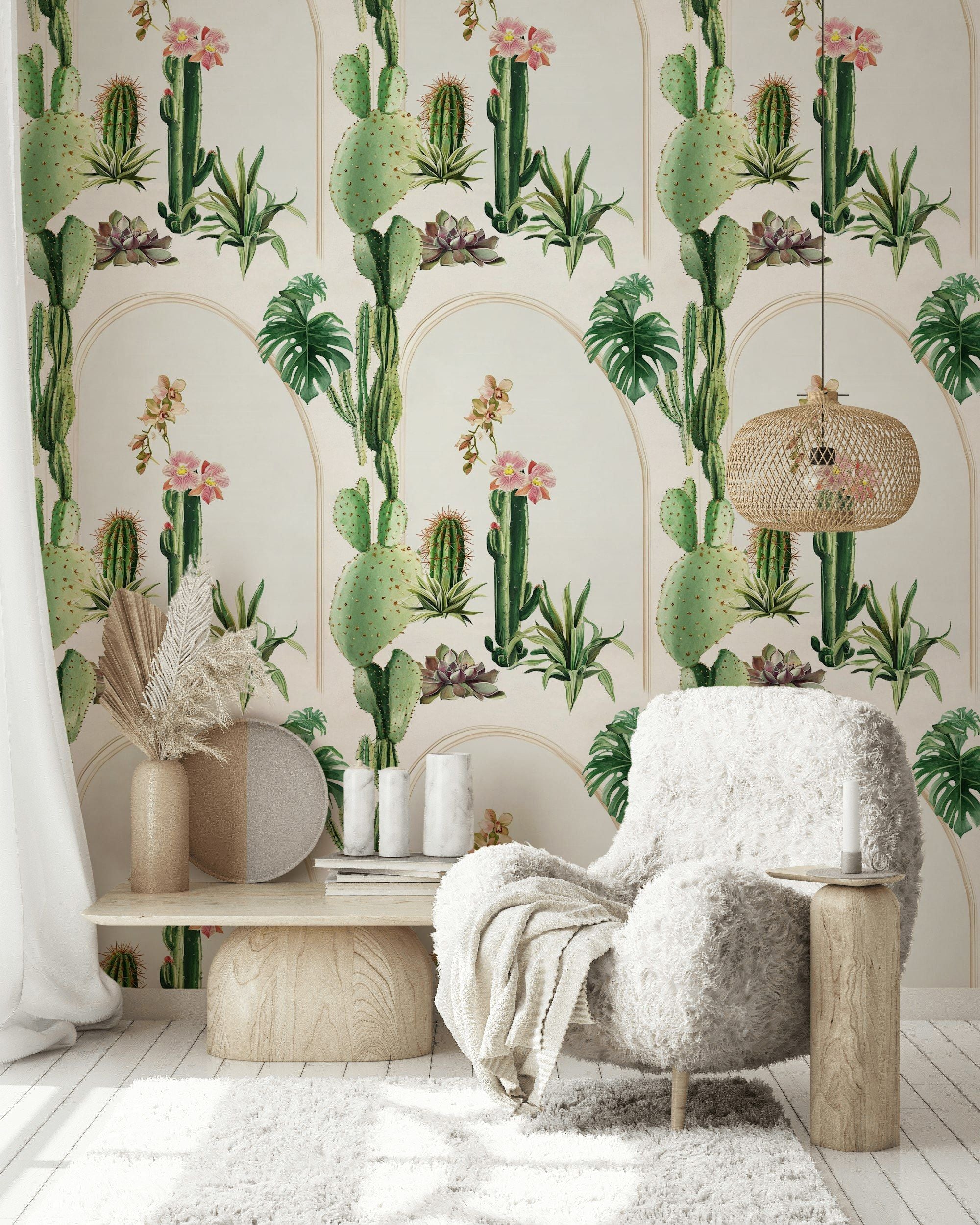 Bright White Archway Cactus and Tropical Floral Wallpaper