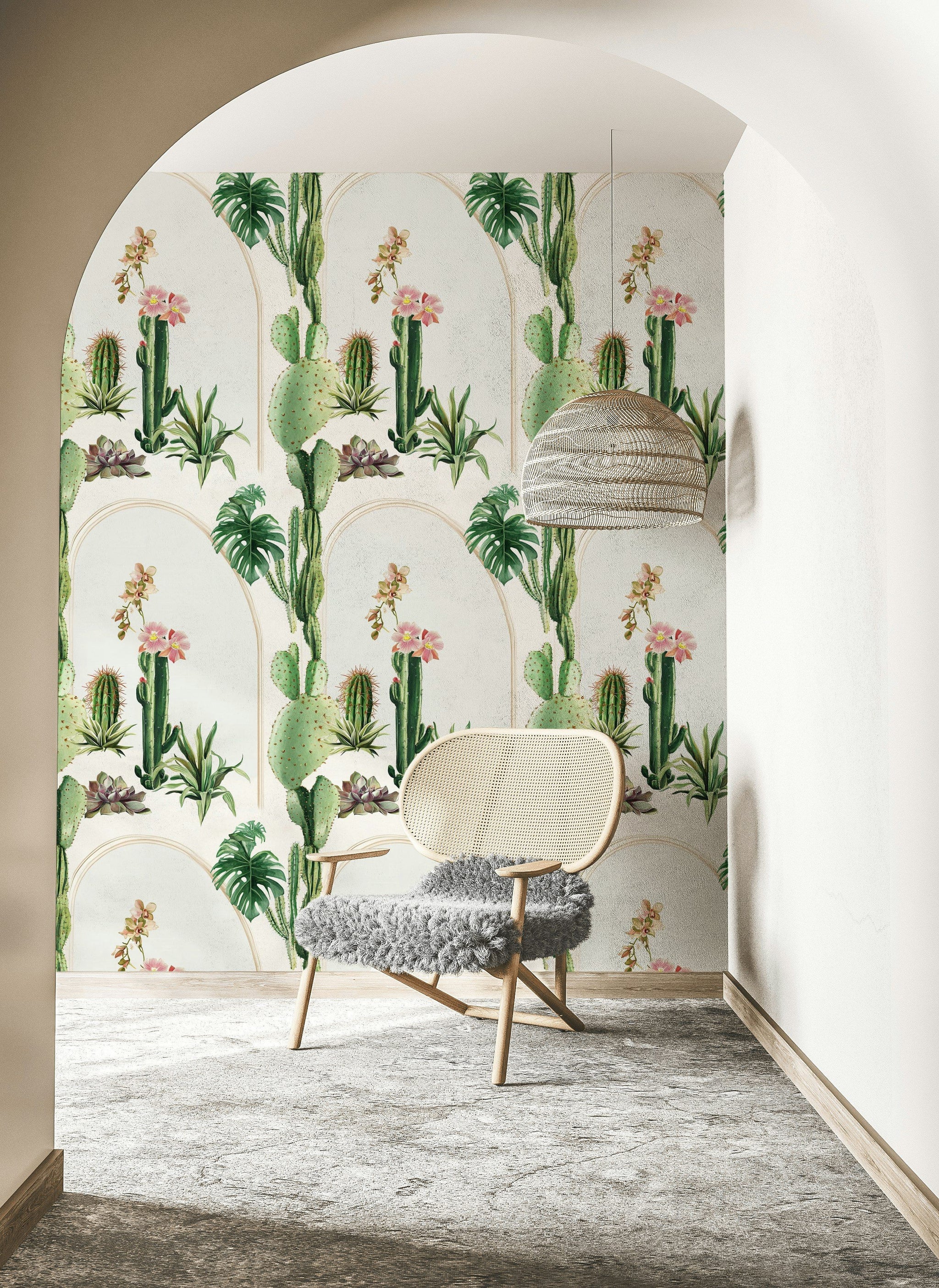 Bright White Archway Cactus and Tropical Floral Wallpaper