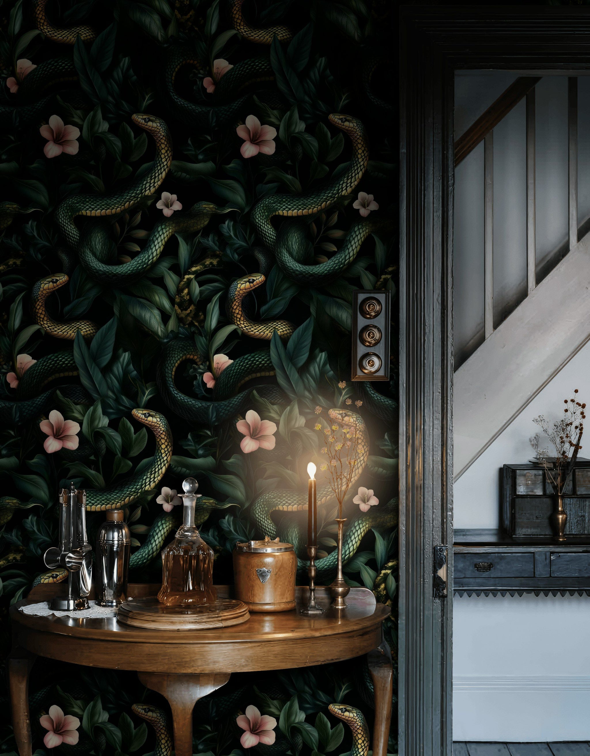 Dark Jungle Snake and Blossom Wallpaper