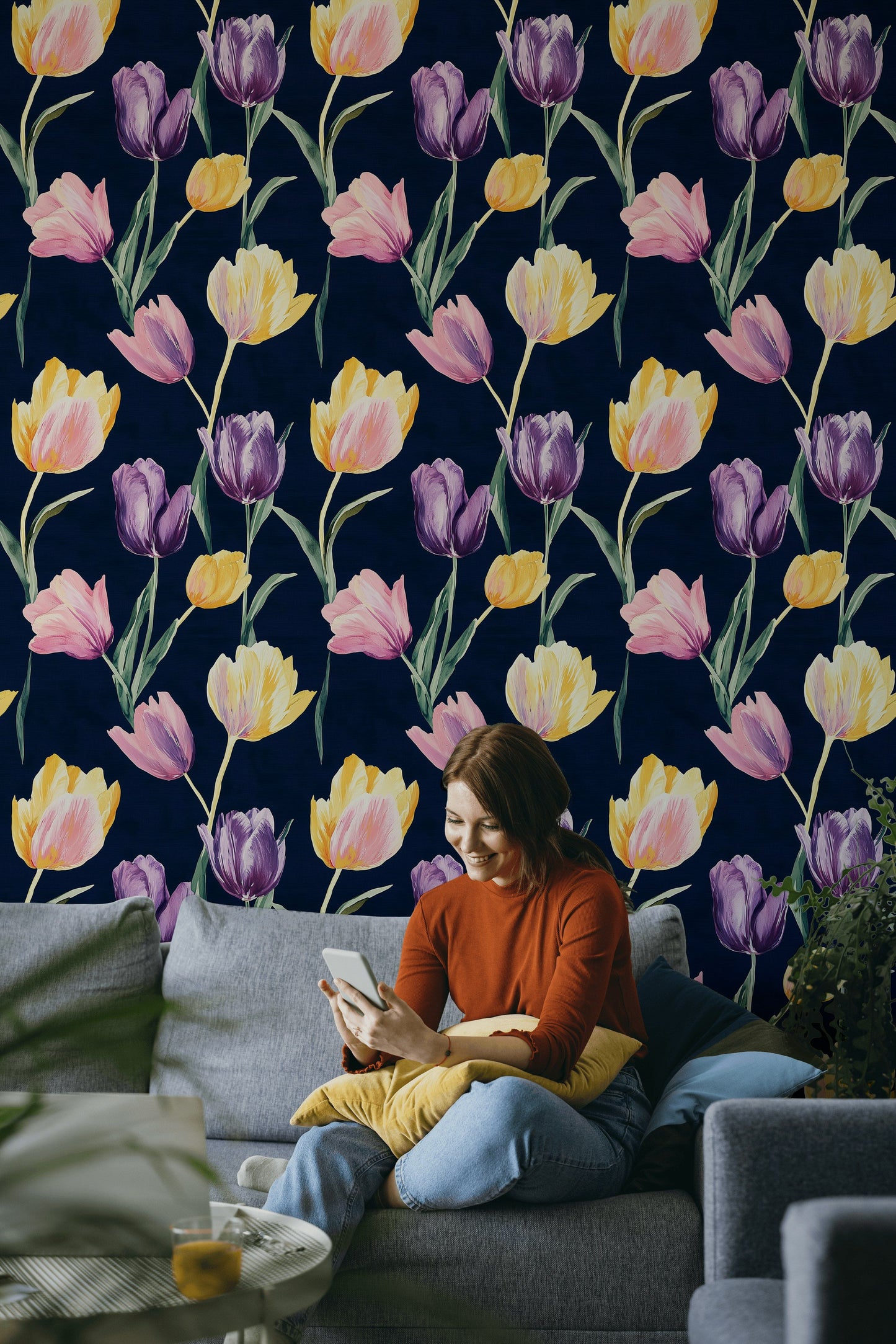 Tulip Bloom Wallpaper Dark Floral Watercolor Wall Mural