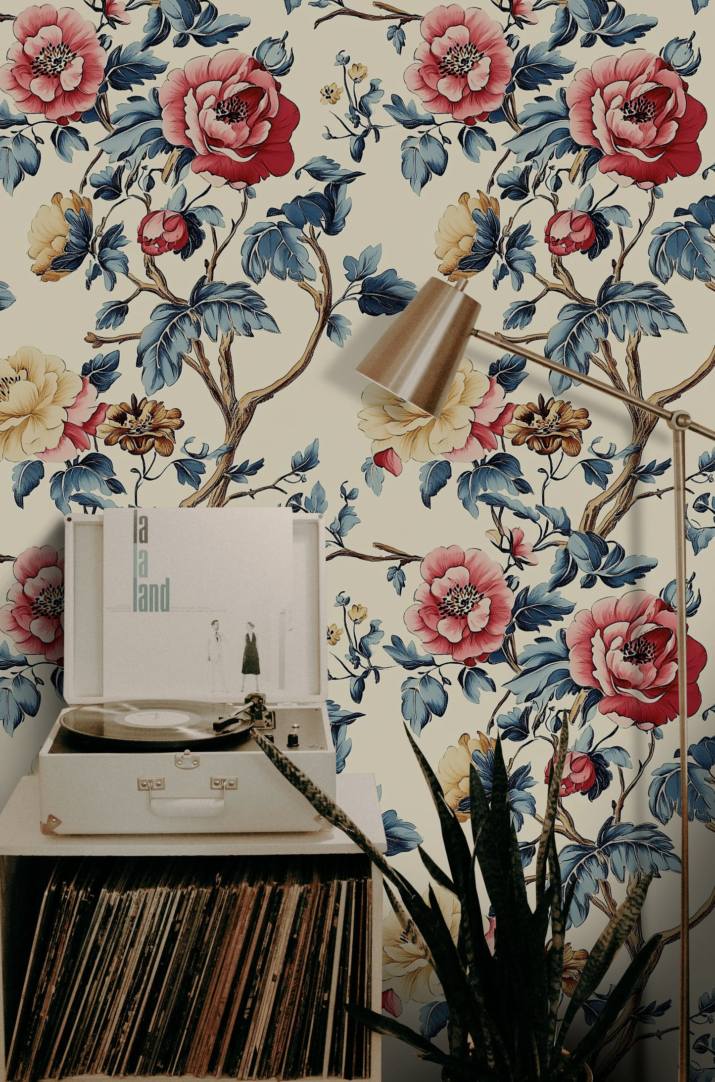 Blue & Red Florals Wallpaper Jacobean Peony Wall Mural