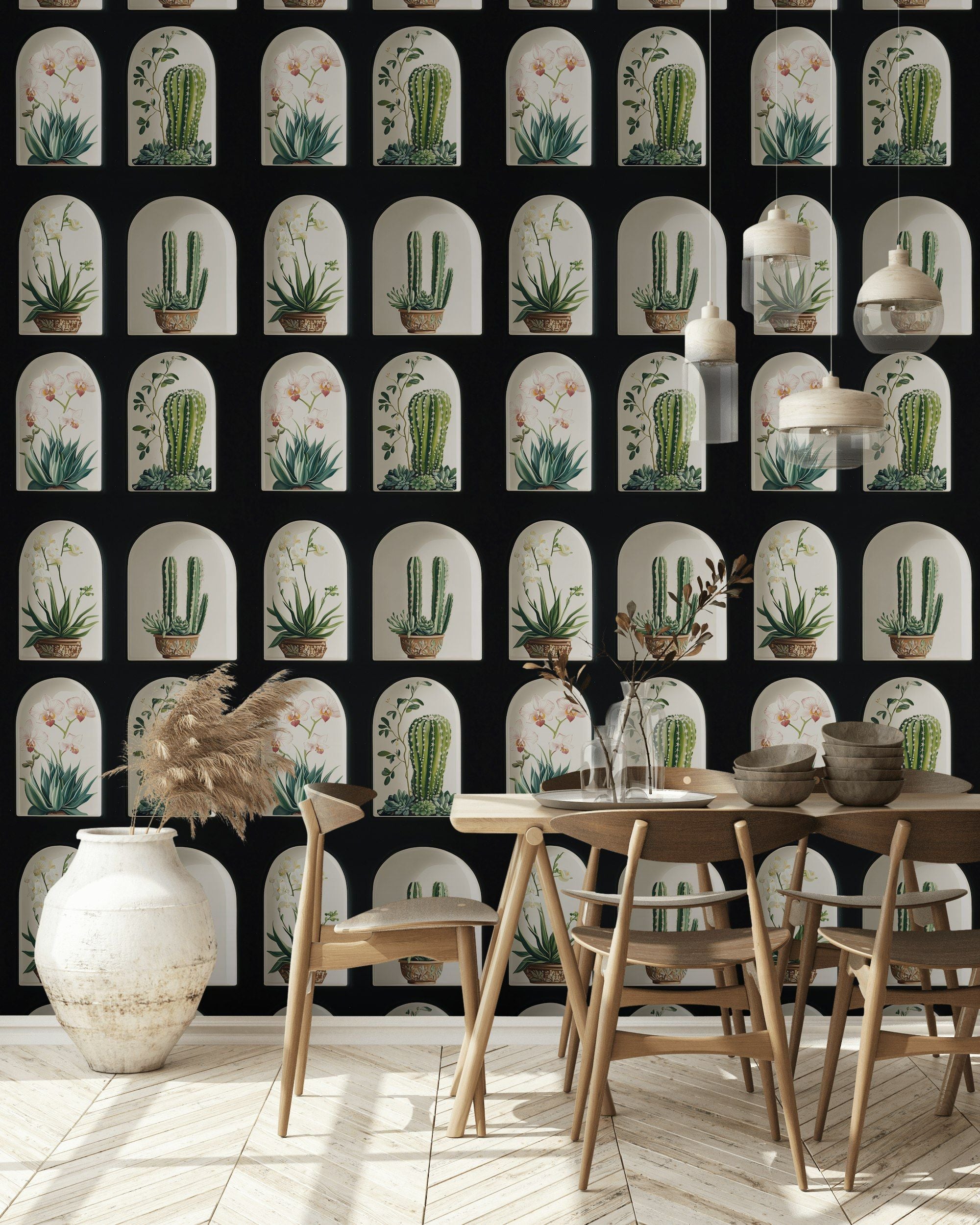 Black and Green Cactus Arched Botanical Wallpaper