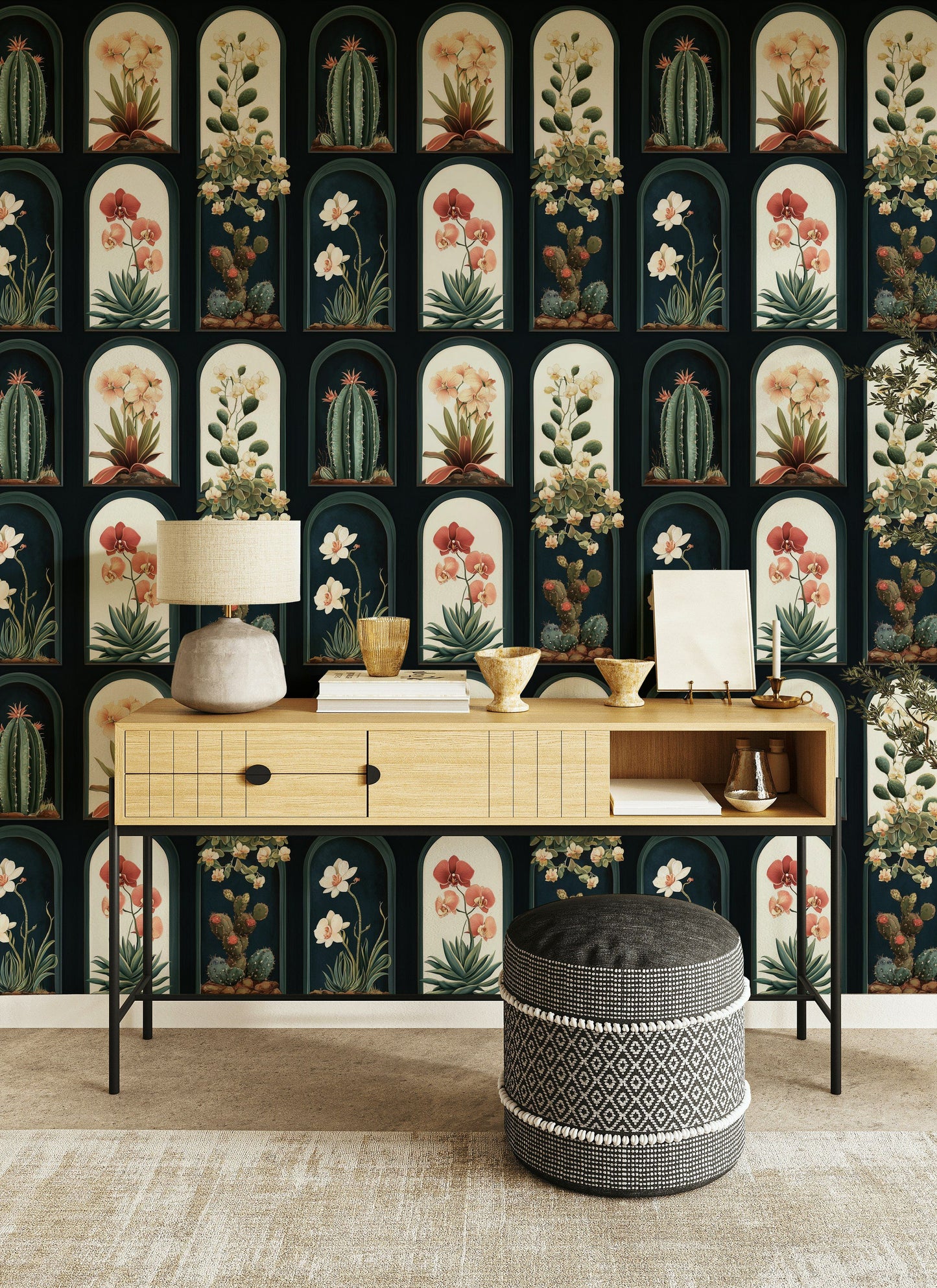 Cactus Orchid Wallpaper Botanical Arch Wall Mural