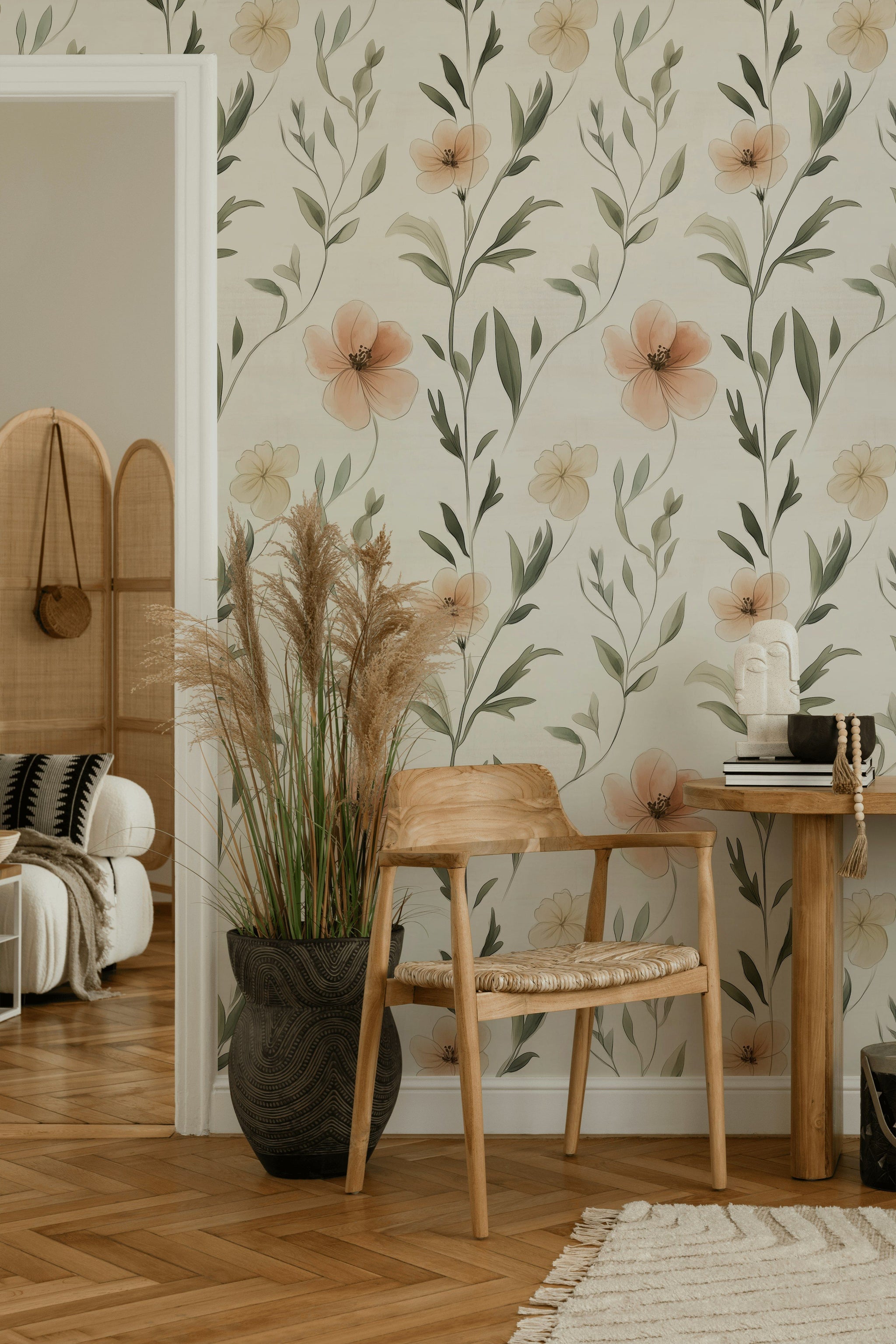 Cream and Blush Wildflower Botanical Wallpaper