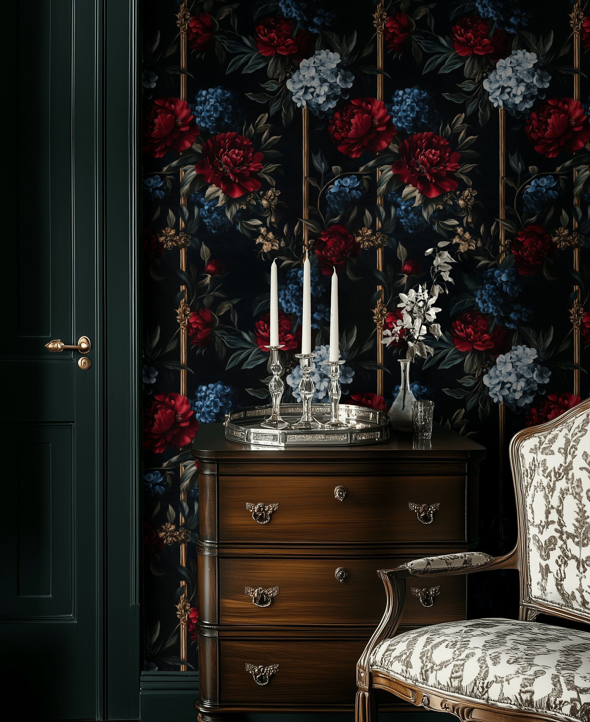 Dark Vintage Red and Blue Floral Wallpaper