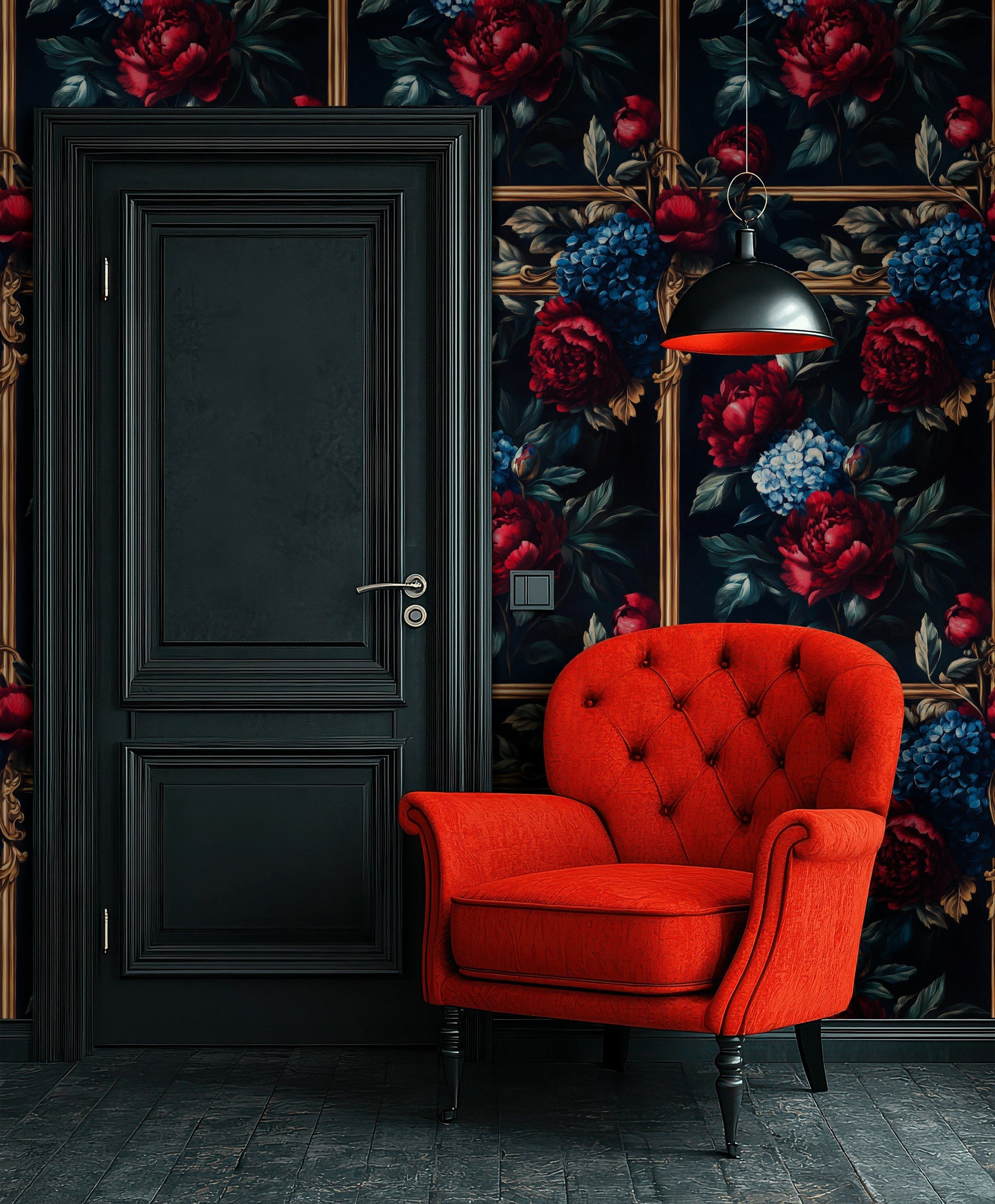 Deep Black and Red Vintage Rose Floral Wallpaper