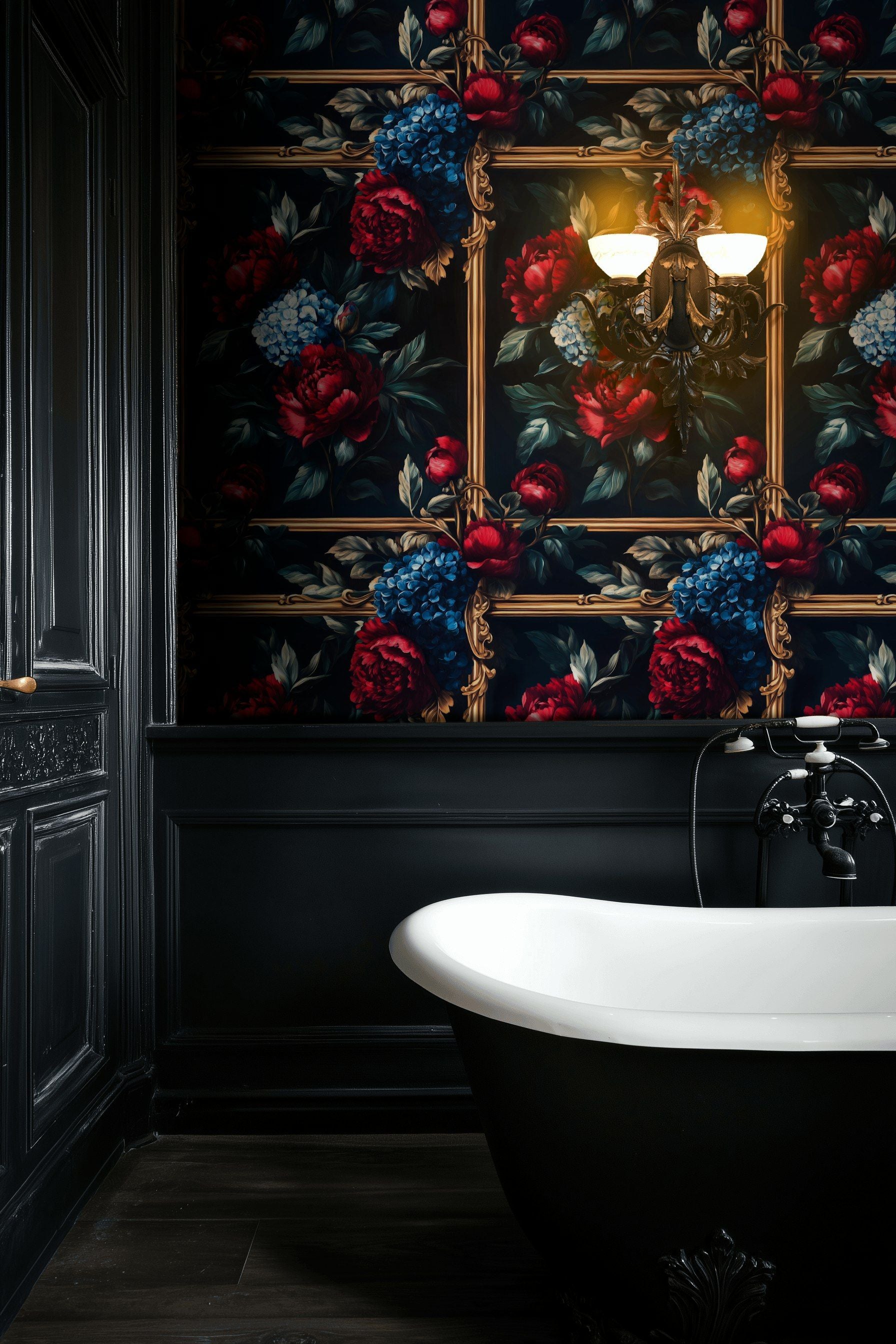 Deep Black and Red Vintage Rose Floral Wallpaper