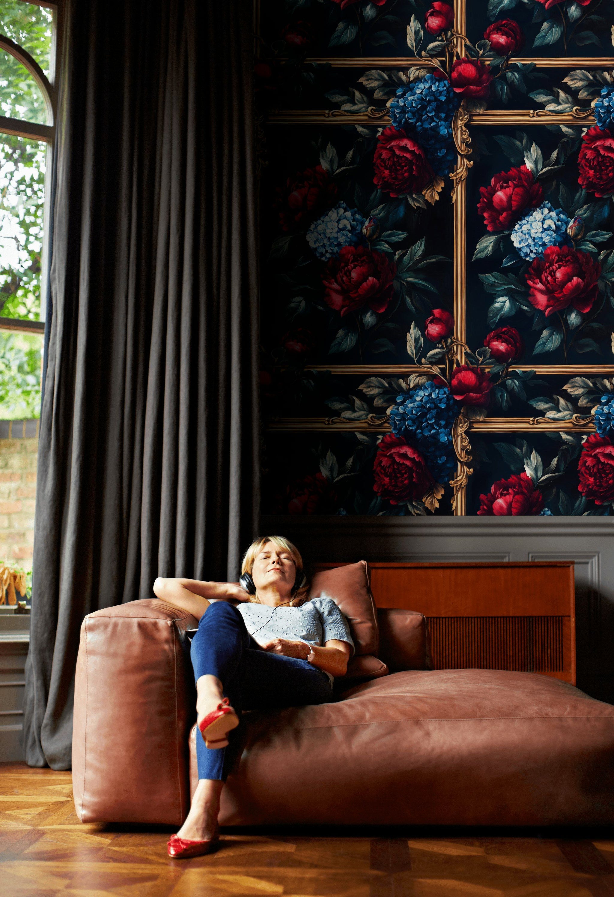 Deep Black and Red Vintage Rose Floral Wallpaper