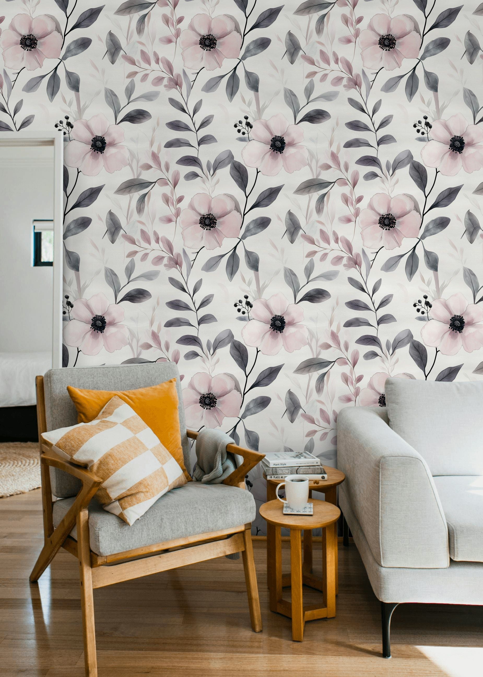 Cream and Blush Pink Vintage Floral Wallpaper