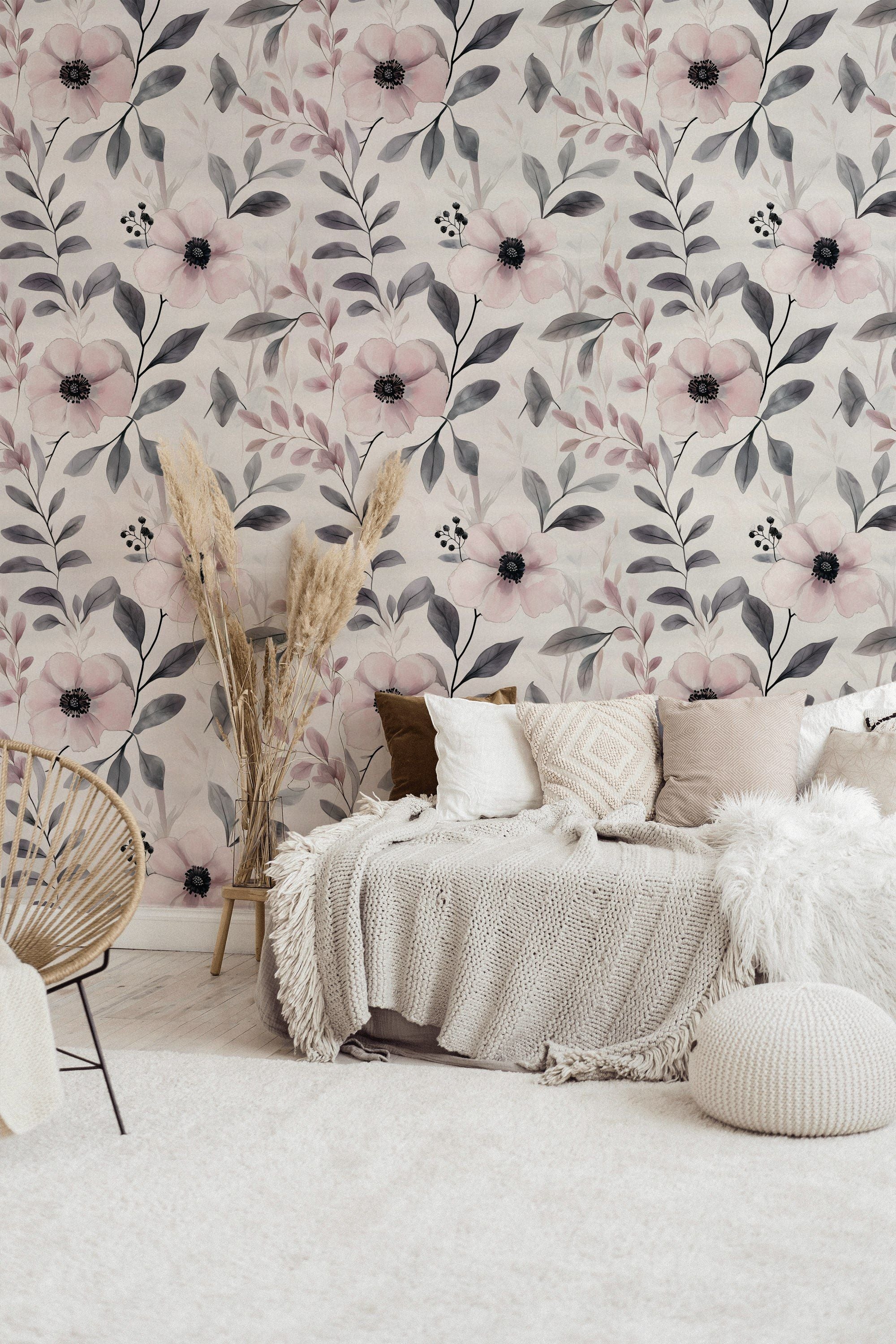 Cream and Blush Pink Vintage Floral Wallpaper