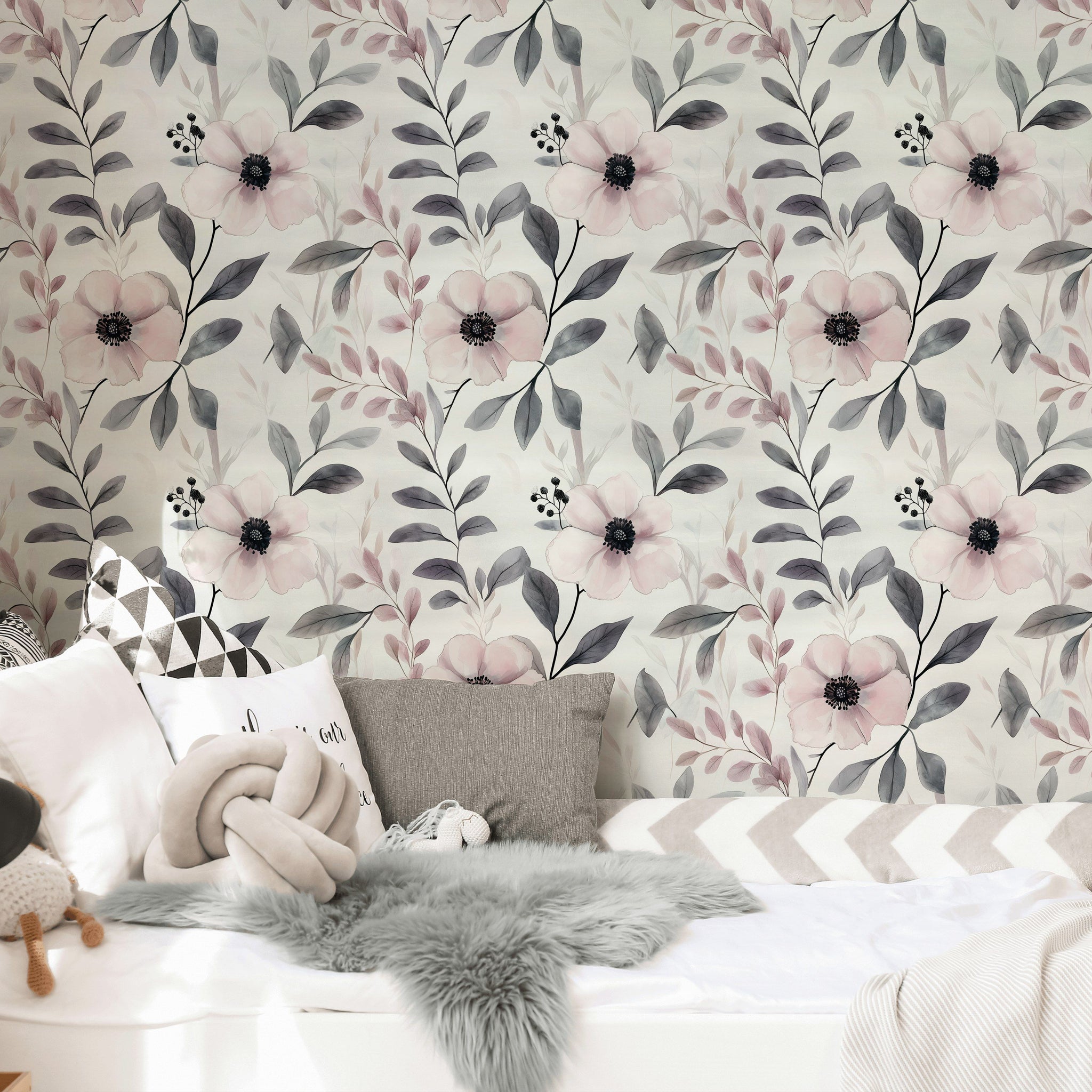 Cream and Blush Pink Vintage Floral Wallpaper
