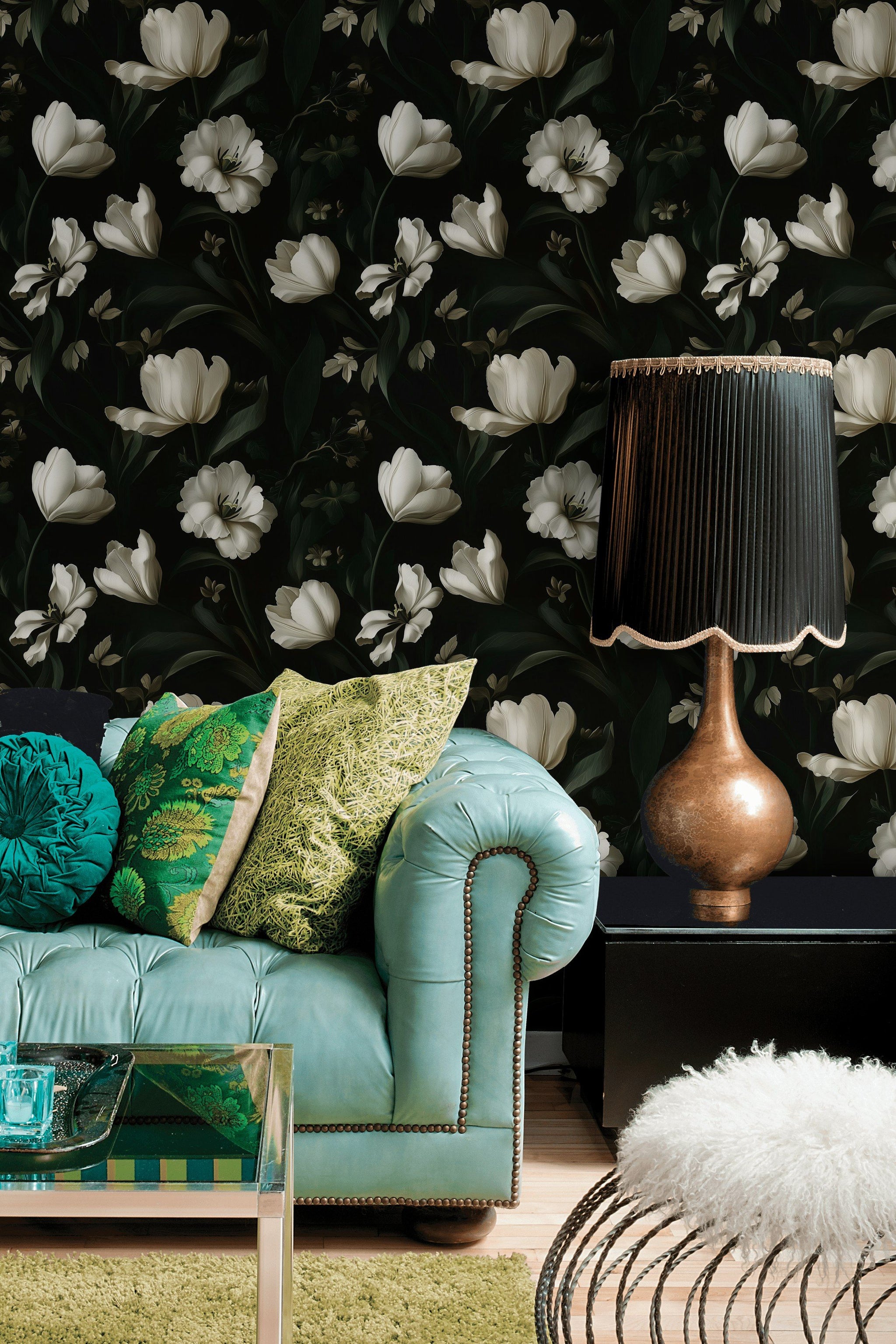 Ivory Tulip Noir Floral Wallpaper