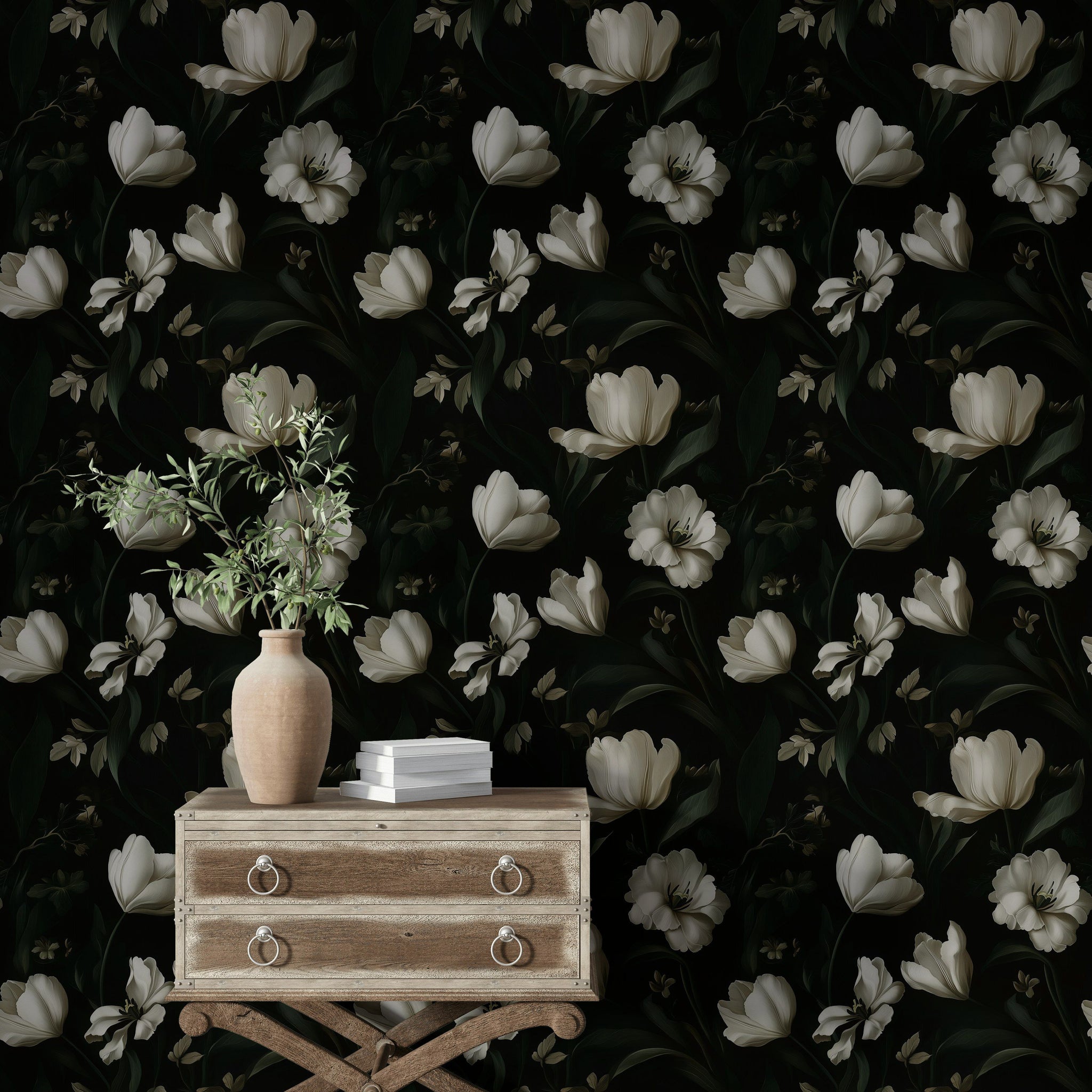 Ivory Tulip Noir Floral Wallpaper