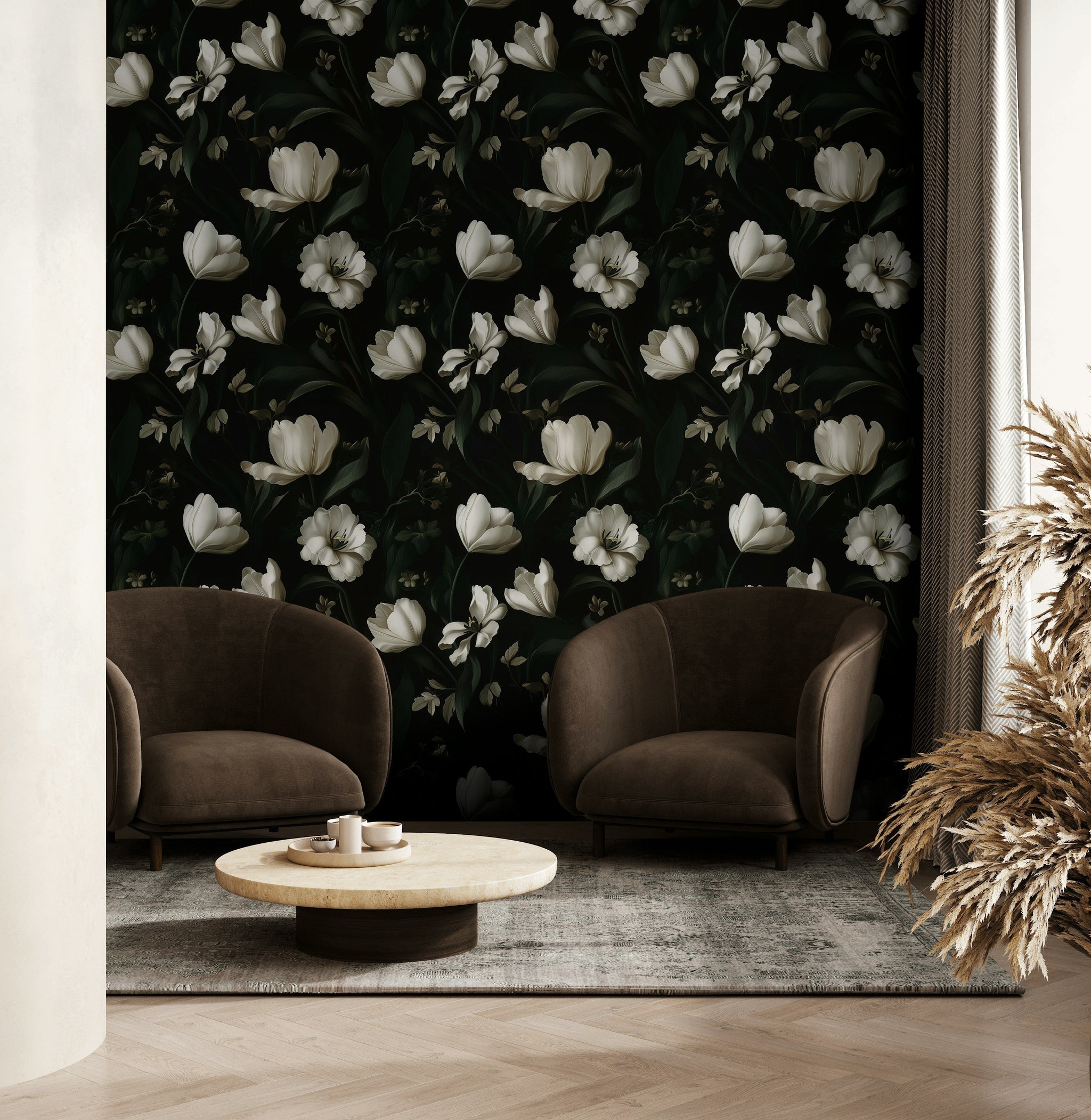 Ivory Tulip Noir Floral Wallpaper
