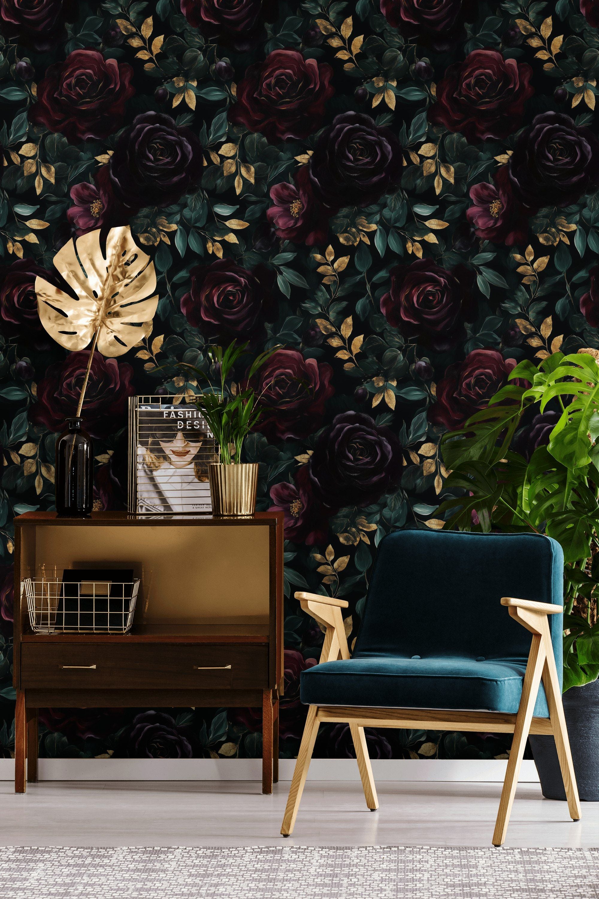Dark Burgundy Roses and Gold Look Foliage Wallpaper