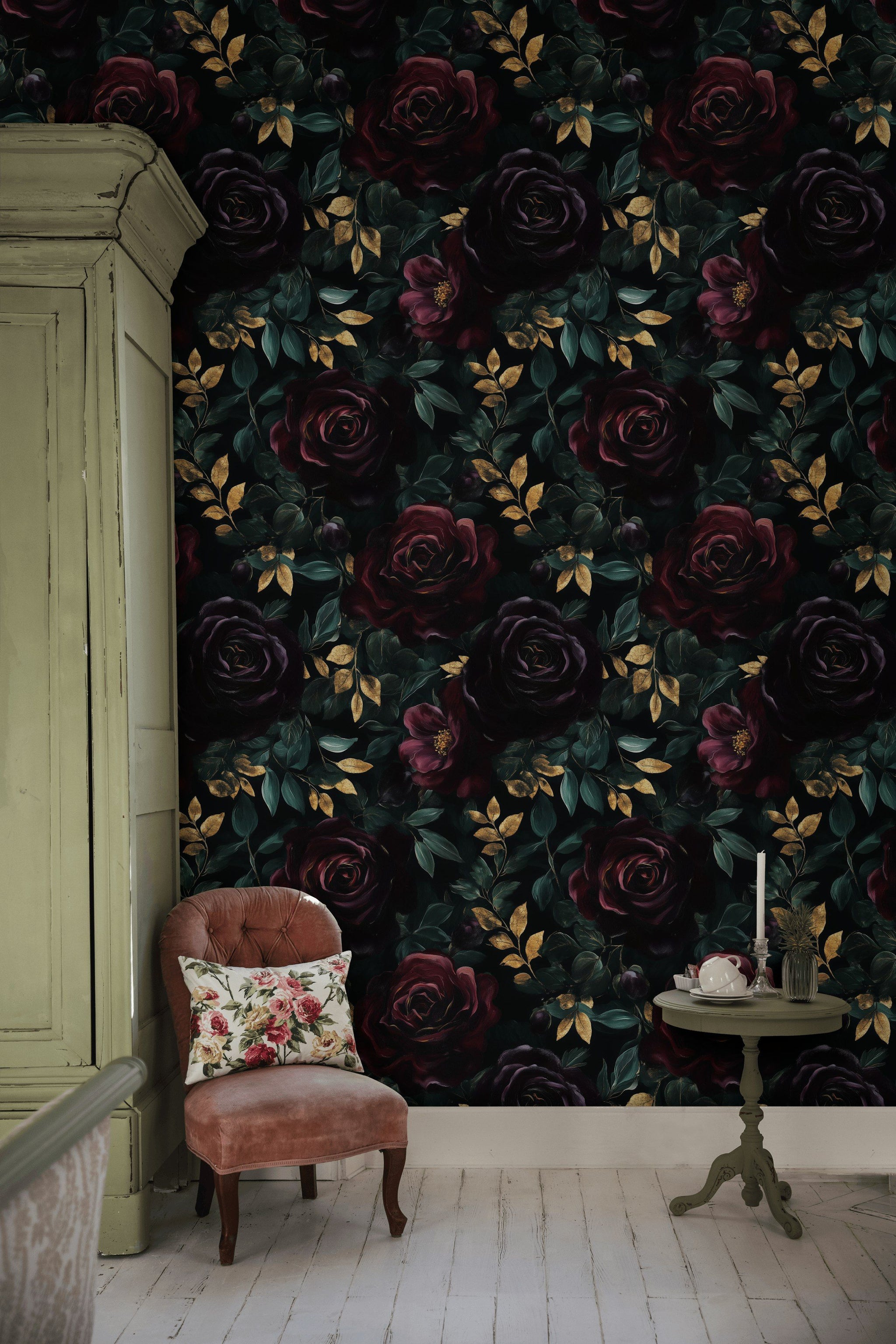 Dark Burgundy Roses and Gold Look Foliage Wallpaper