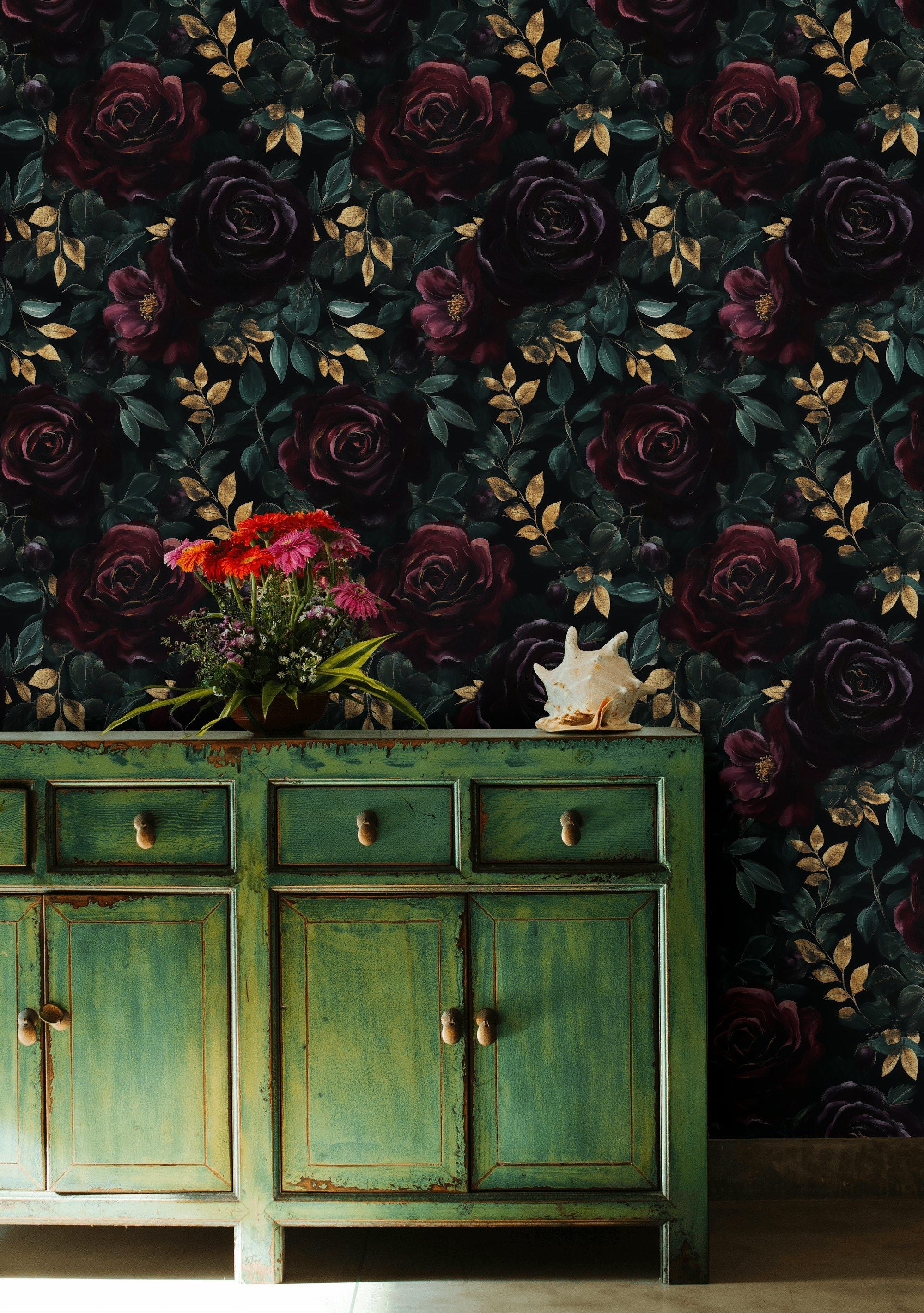 Dark Burgundy Roses and Gold Look Foliage Wallpaper