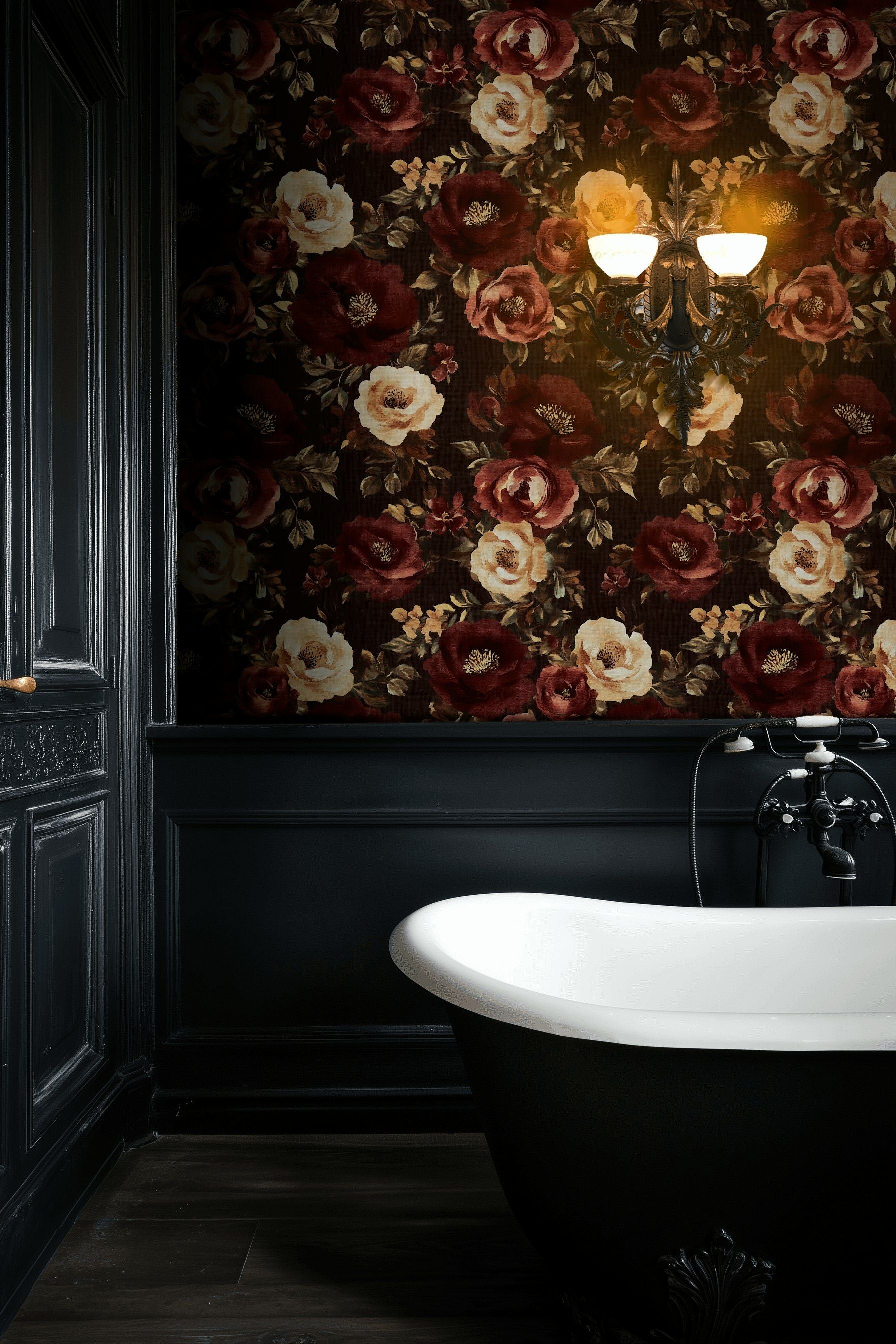 Rich Burgundy and Cream Rose Floral Wallpaper