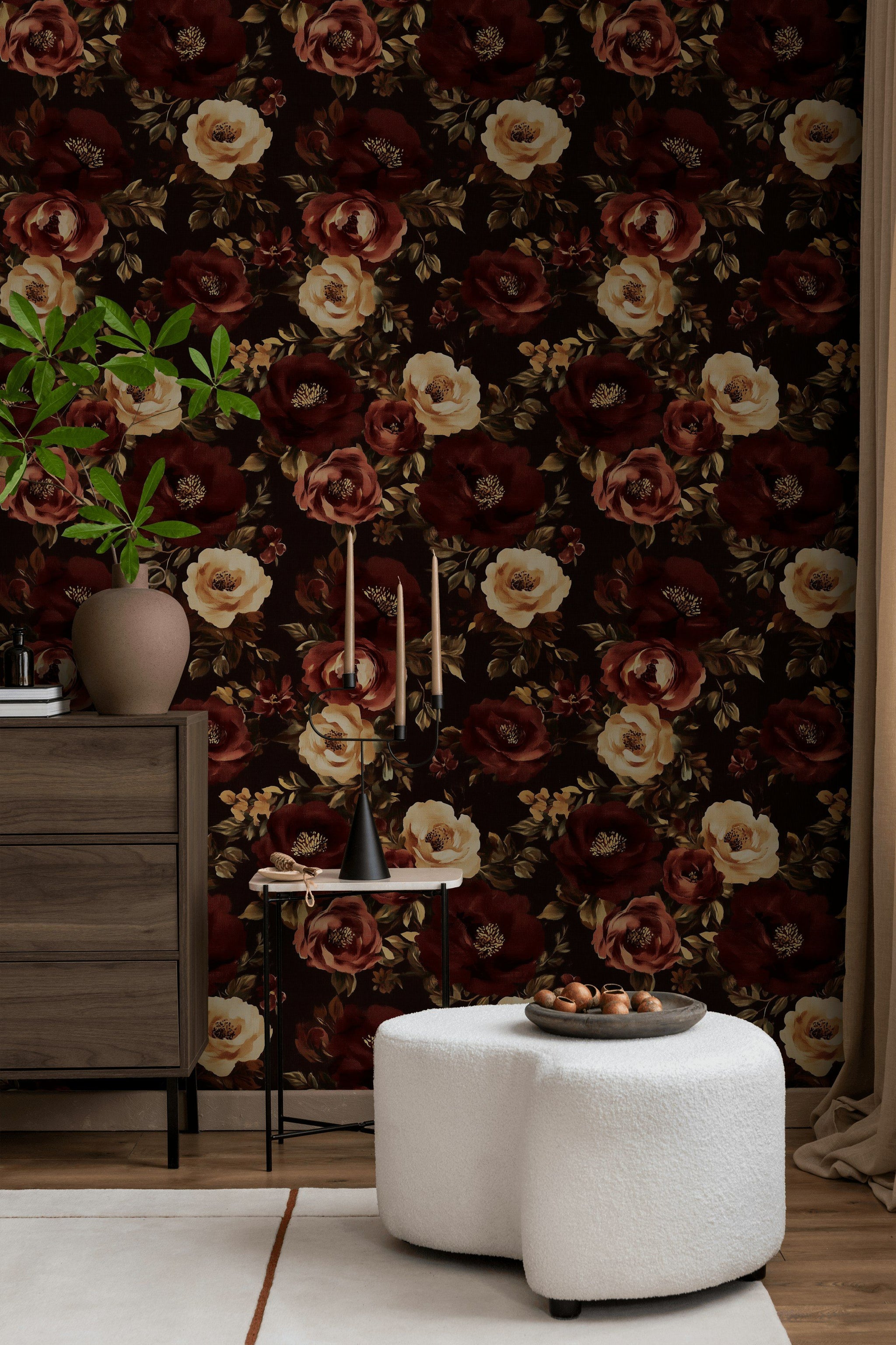 Rich Burgundy and Cream Rose Floral Wallpaper