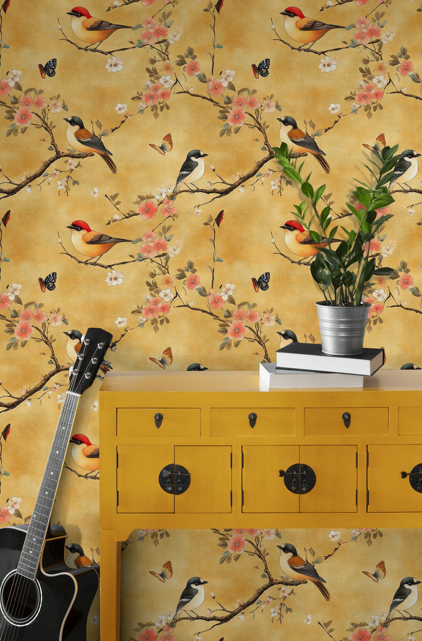 Vintage Bird Cherry Blossom Wallpaper Golden Yellow Mural