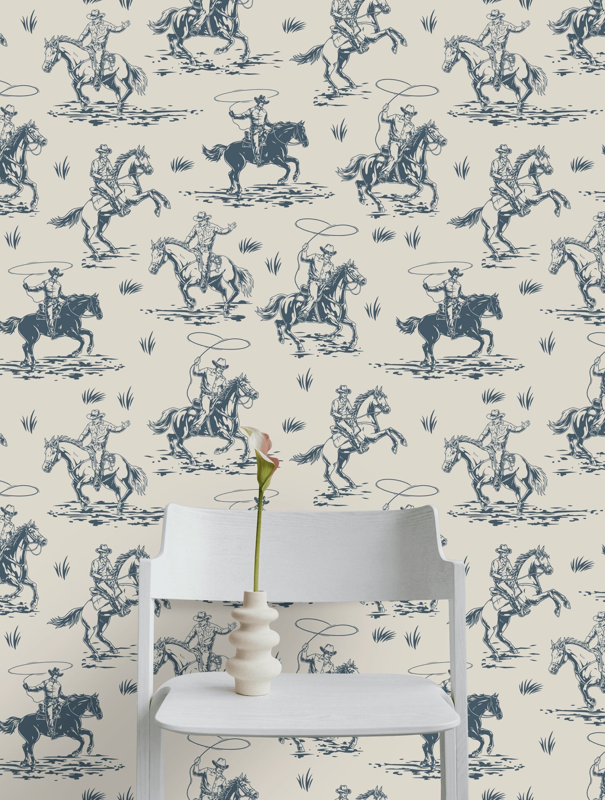 Beige and Blue Cowboy Horse Western Wallpaper