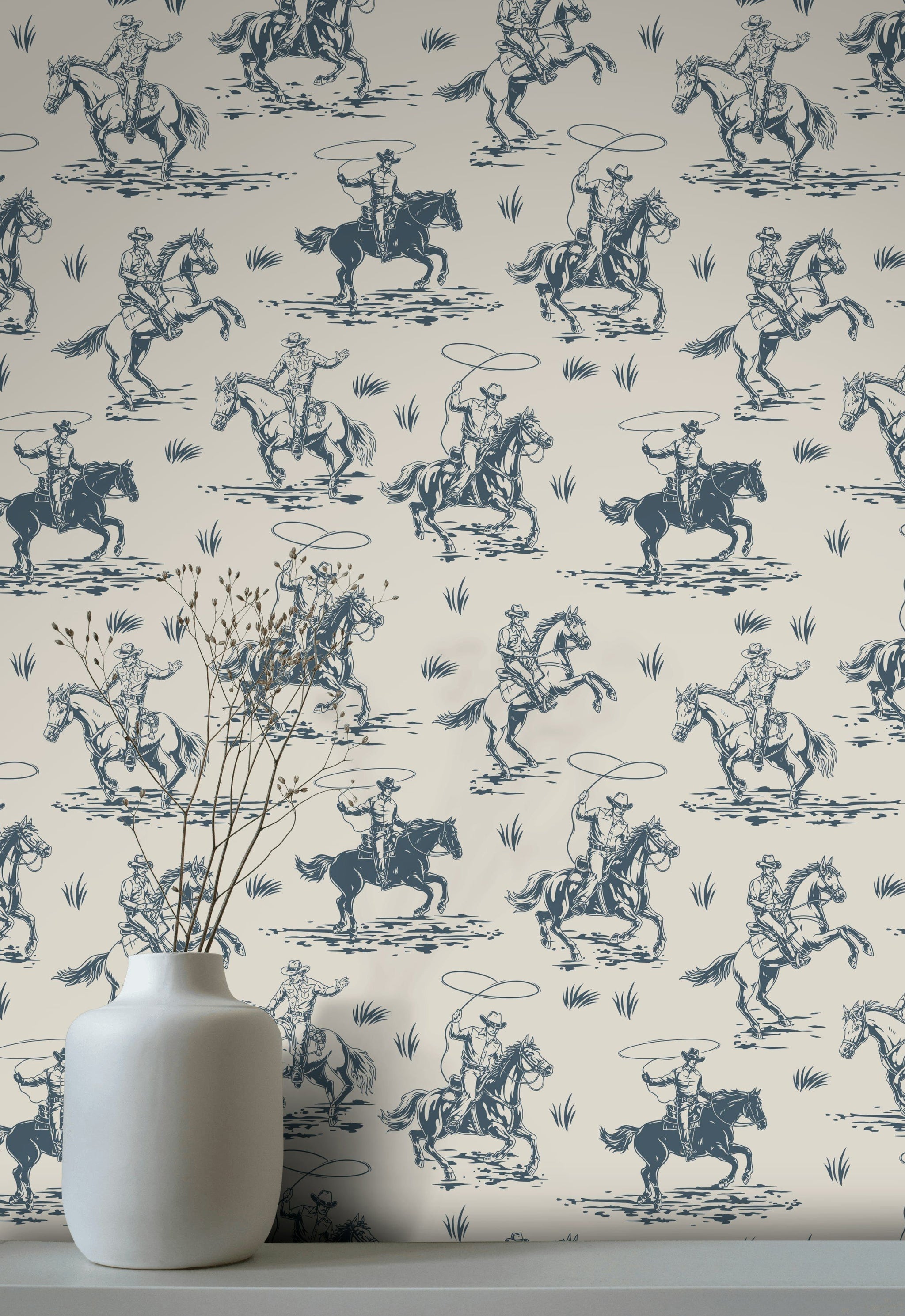 Beige and Blue Cowboy Horse Western Wallpaper