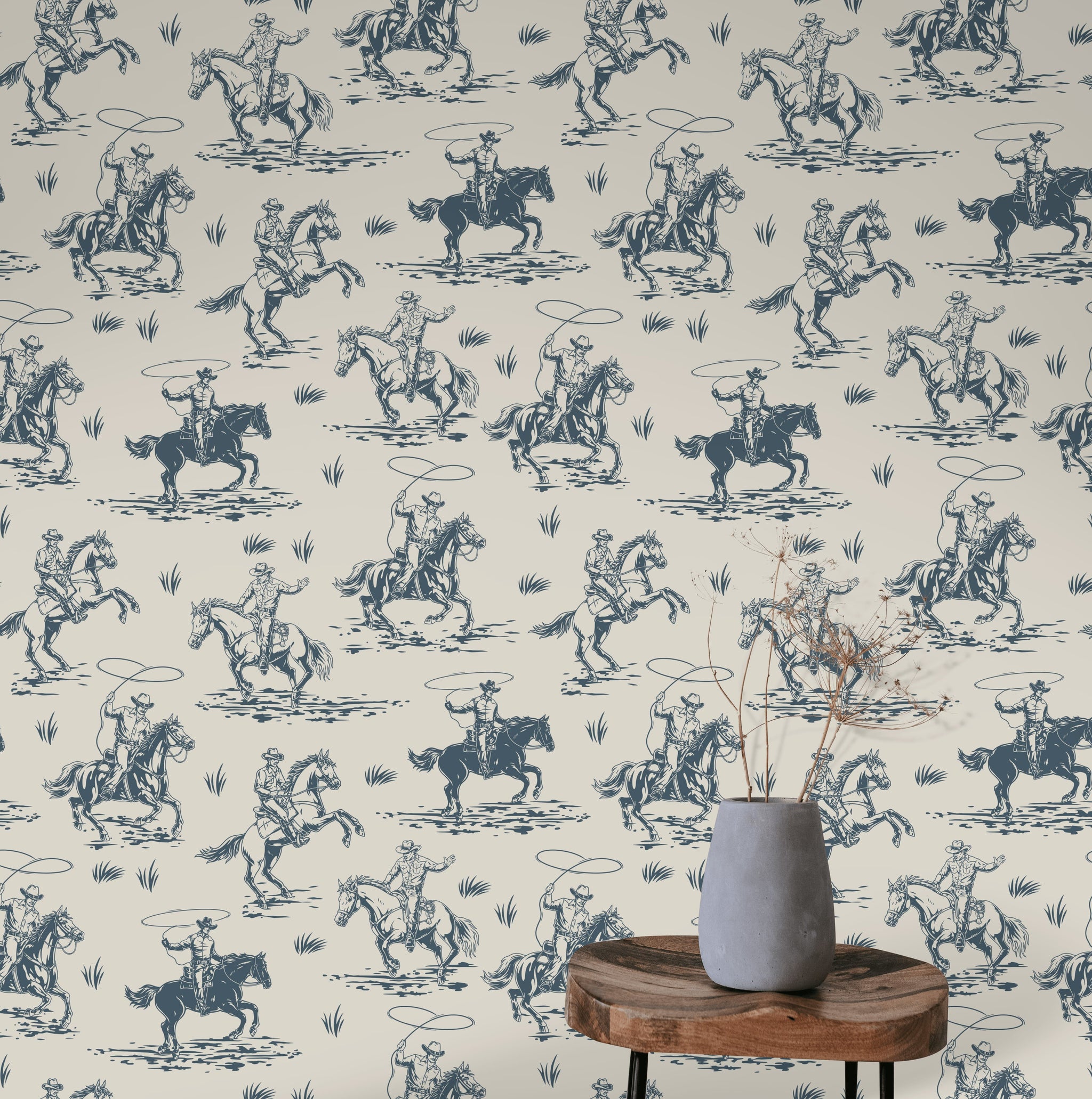 Beige and Blue Cowboy Horse Western Wallpaper