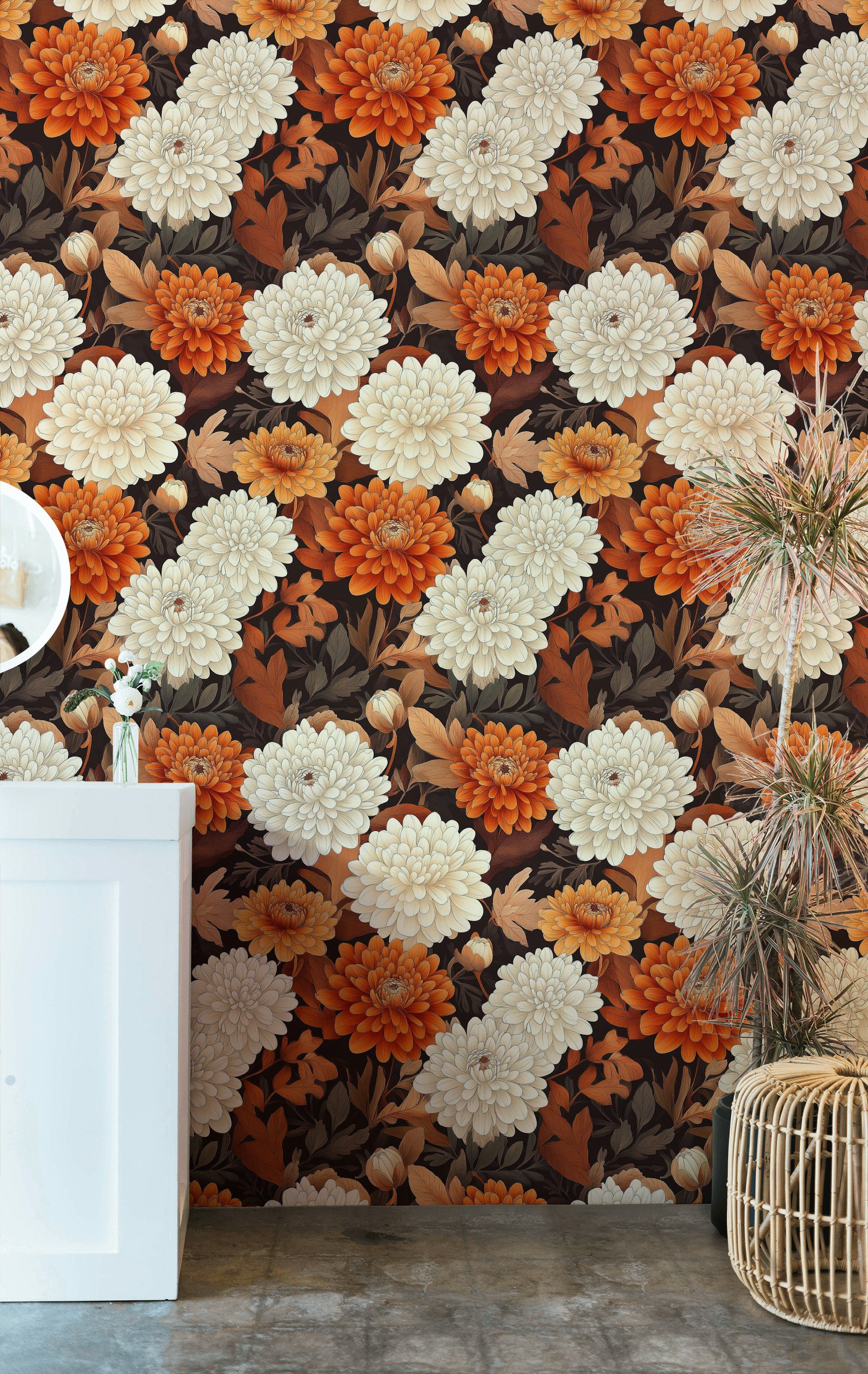 Rich Black and Orange Large Floral Wallpaper