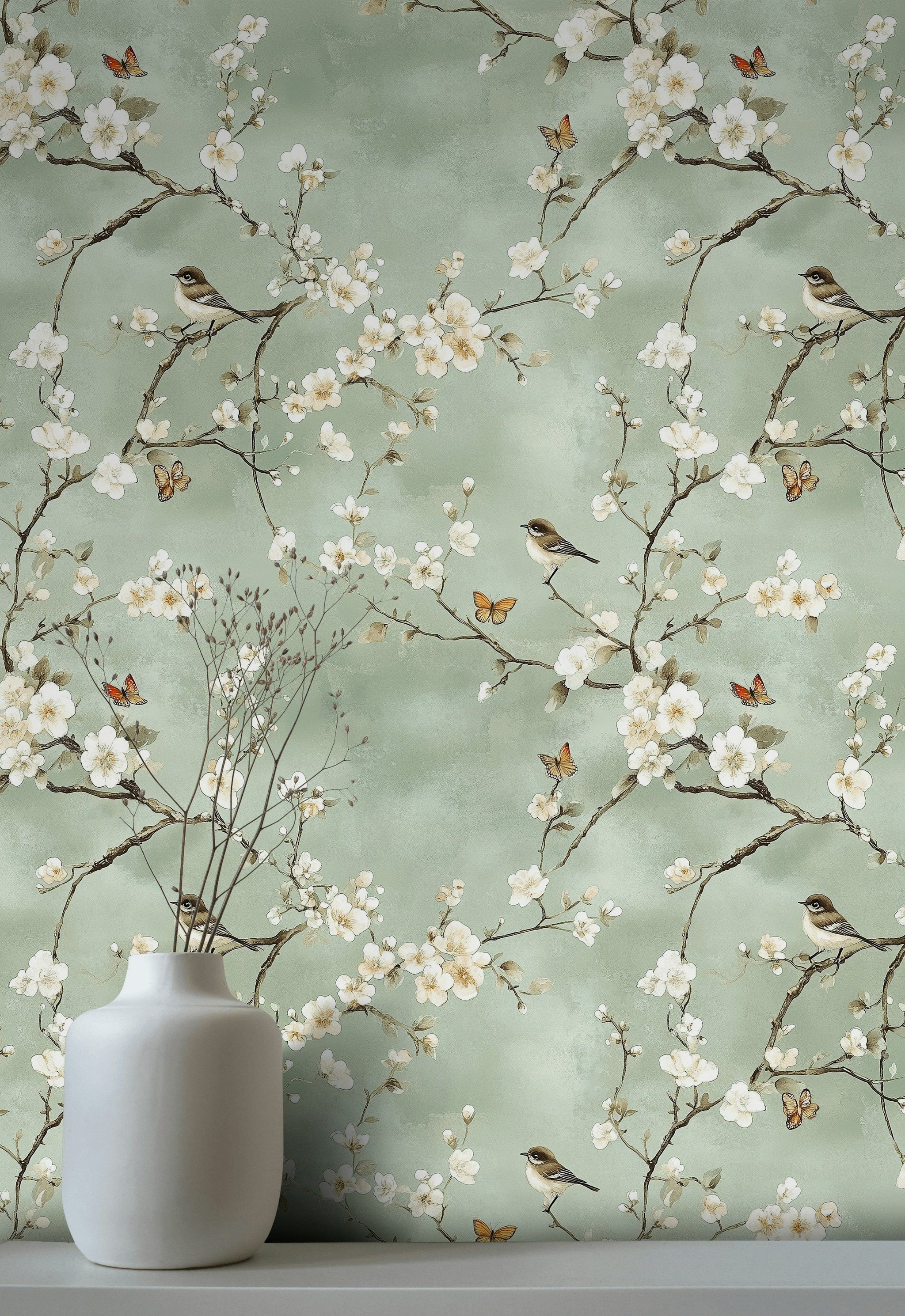 Soft Sage Green Cherry Blossom and Bird Wallpaper
