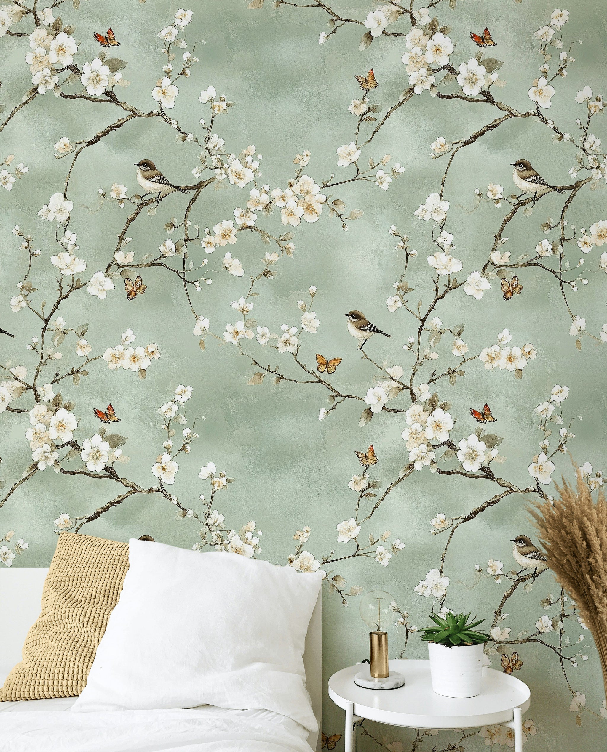 Soft Sage Green Cherry Blossom and Bird Wallpaper