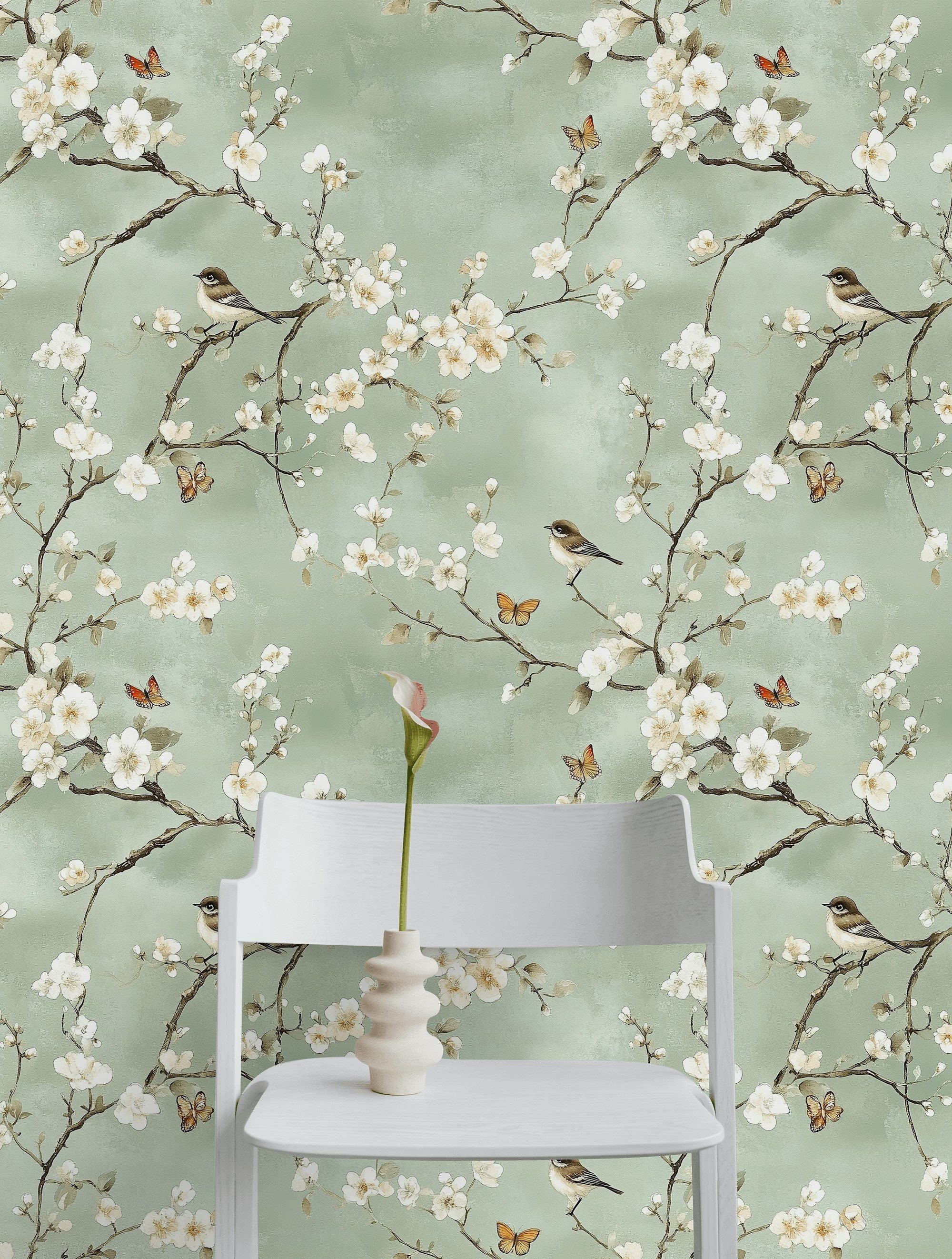 Soft Sage Green Cherry Blossom and Bird Wallpaper