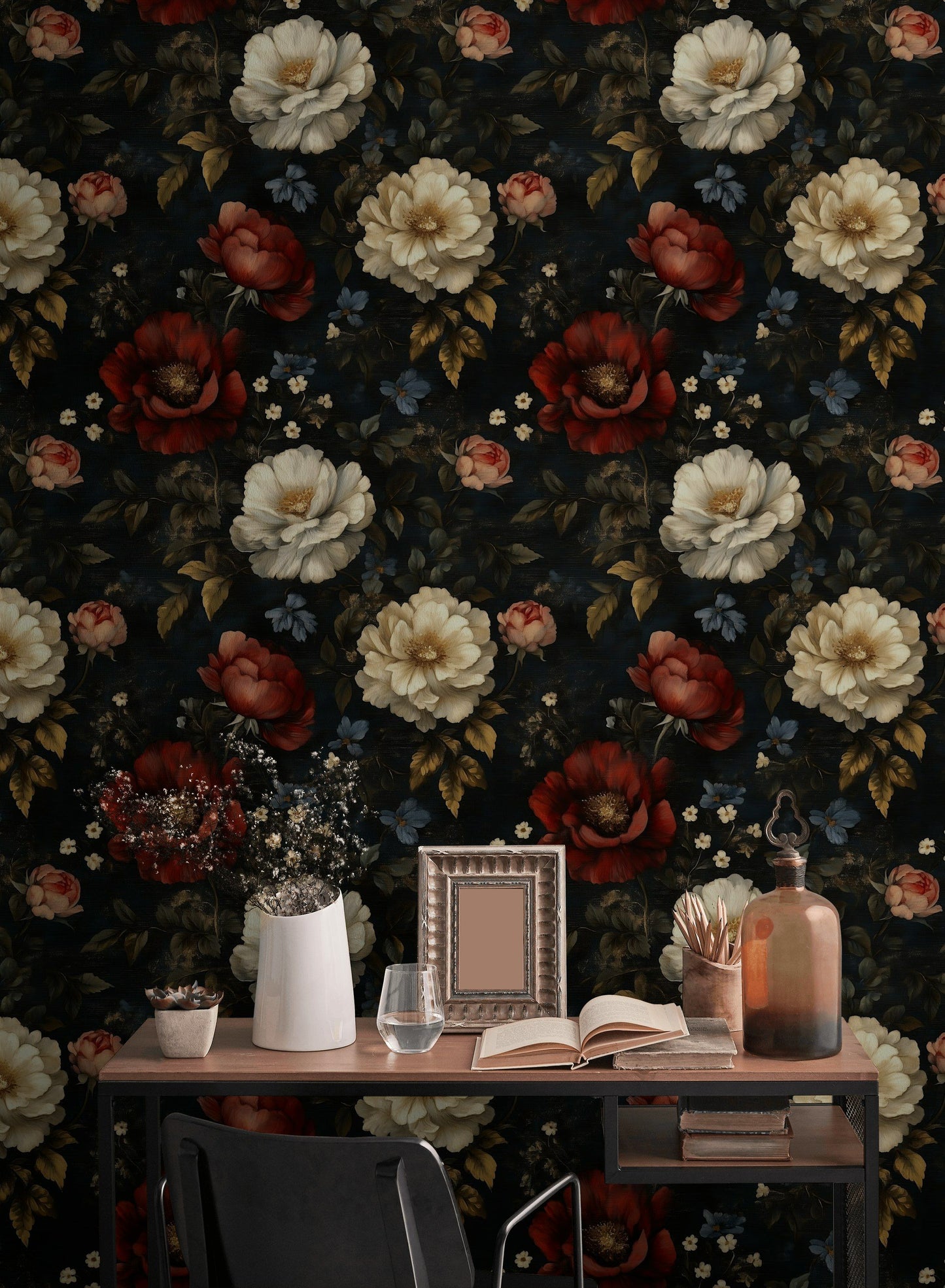 Dutch Floral Wallpaper Navy Blue Moody Wall Mural