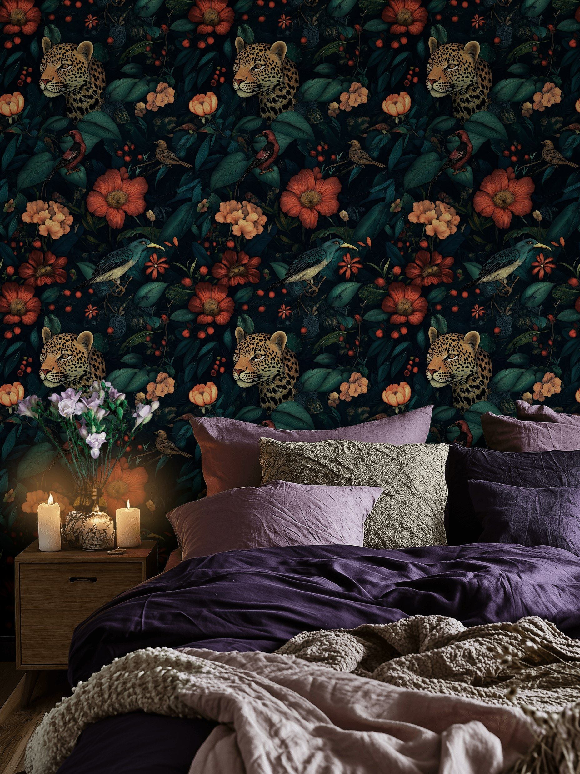 Dark Jungle Leopard and Tropical Floral Wallpaper