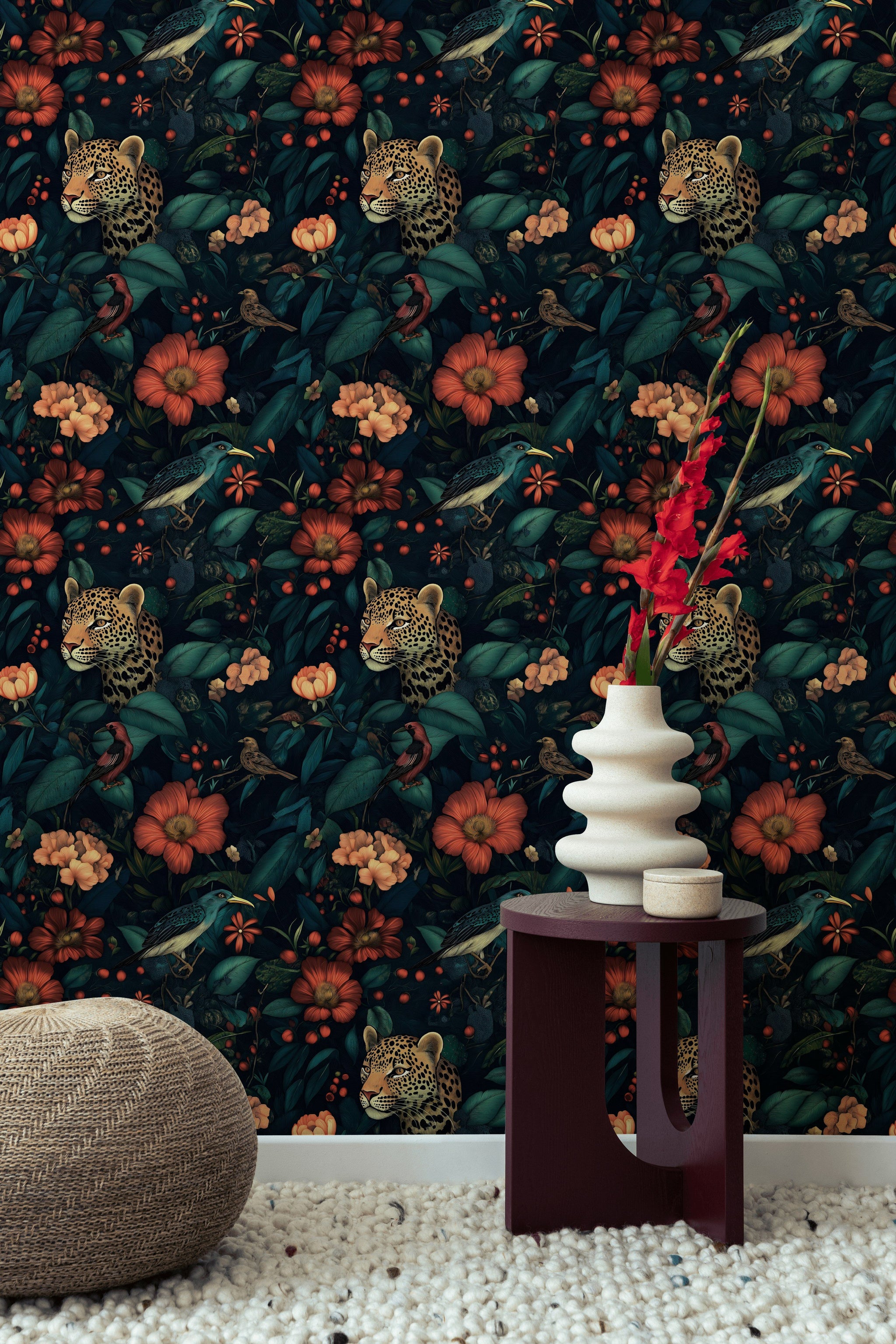 Dark Jungle Leopard and Tropical Floral Wallpaper