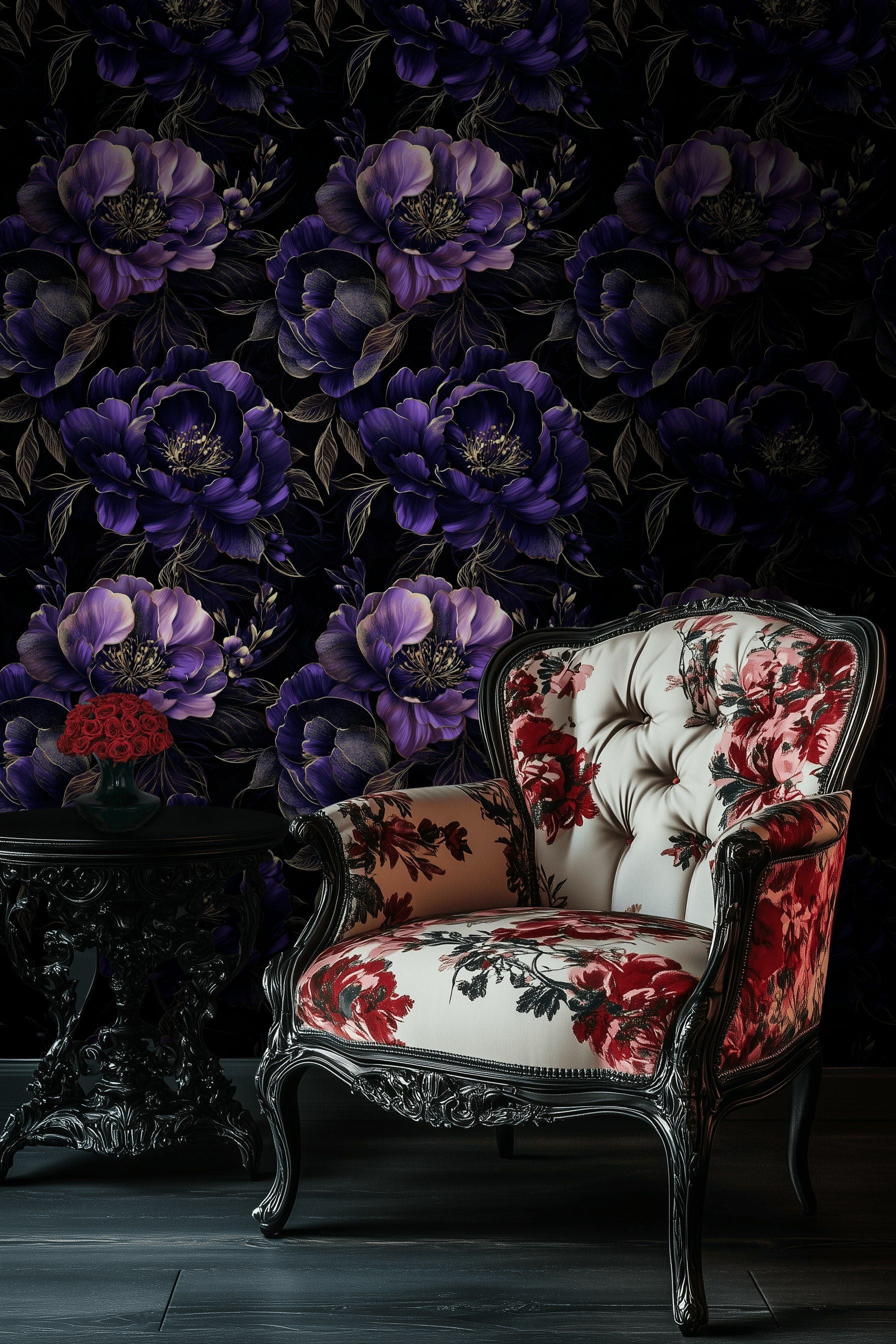 Dark Regal Purple Peony Floral Wallpaper