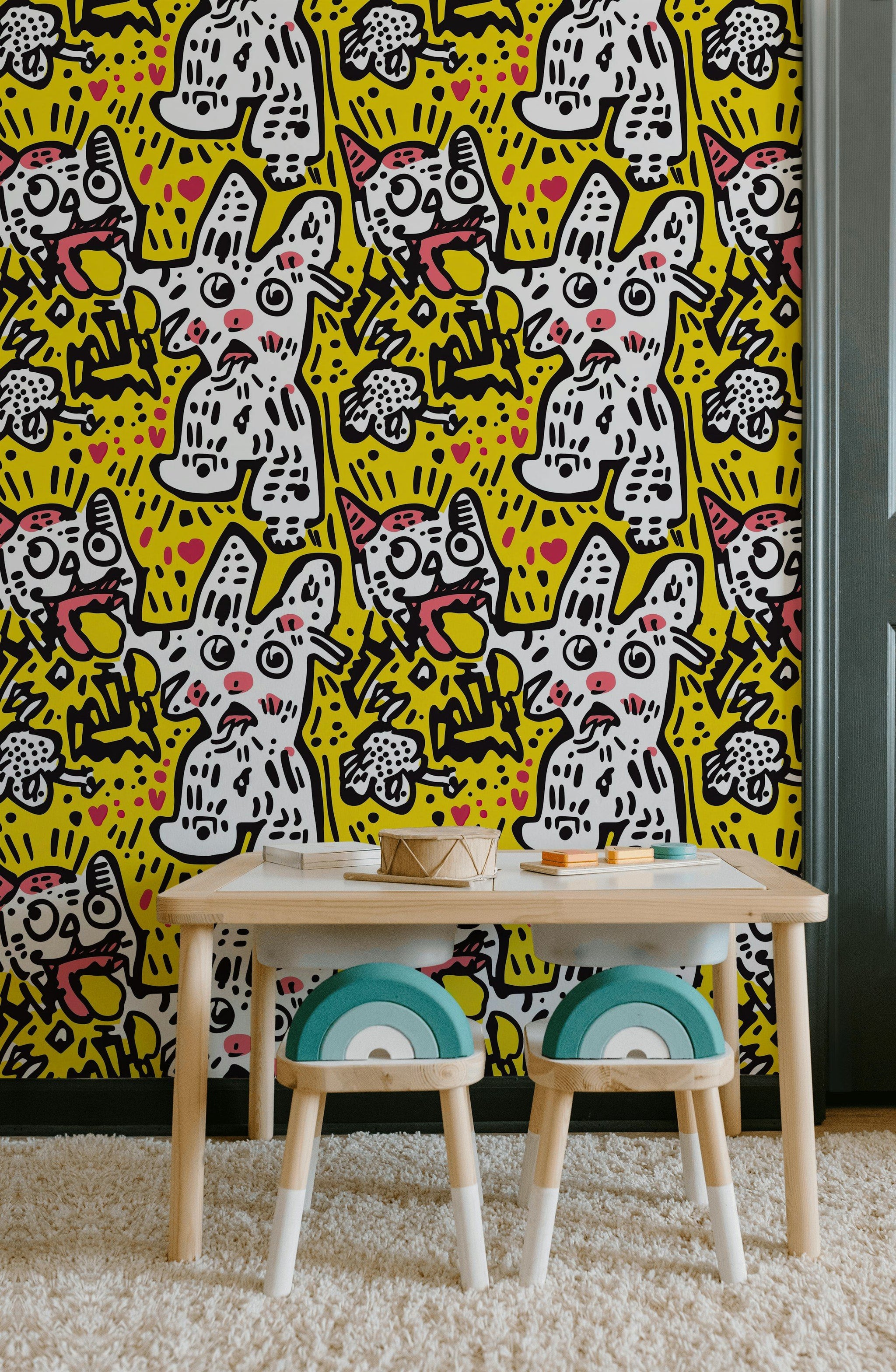 Bold Yellow Pop Art Pet Pattern Wallpaper