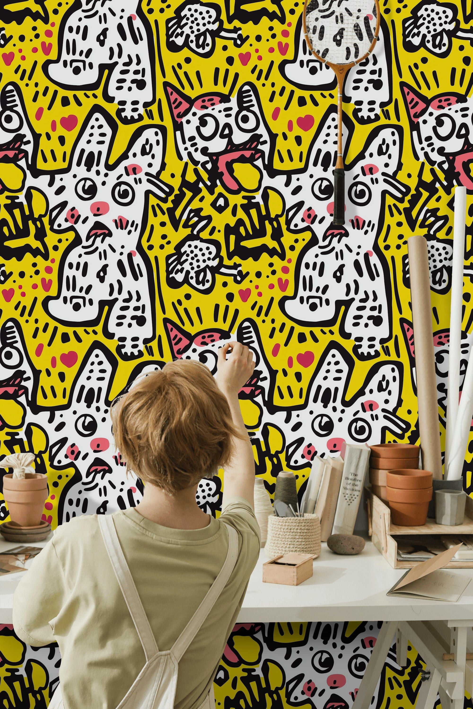 Bold Yellow Pop Art Pet Pattern Wallpaper