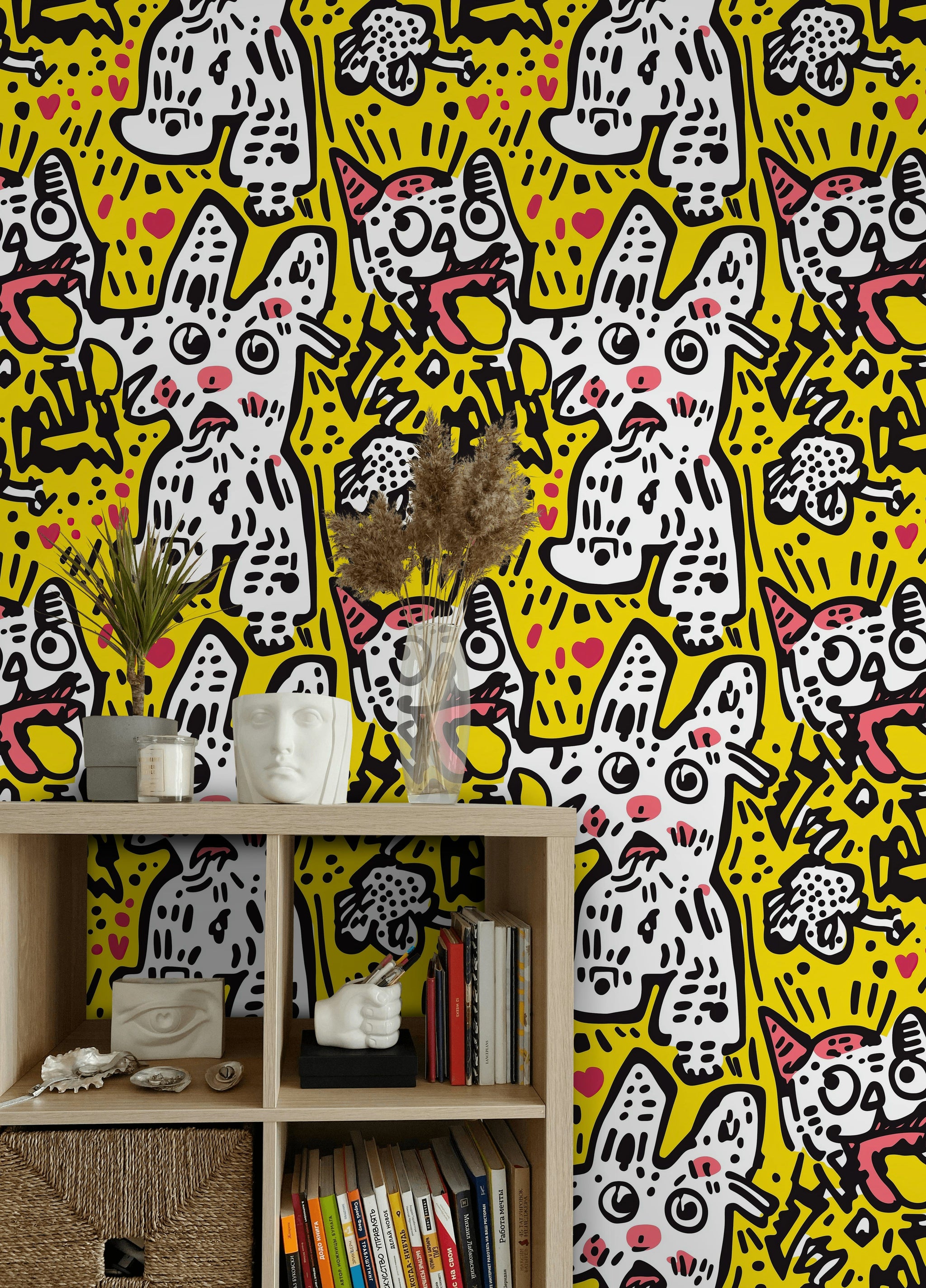 Bold Yellow Pop Art Pet Pattern Wallpaper
