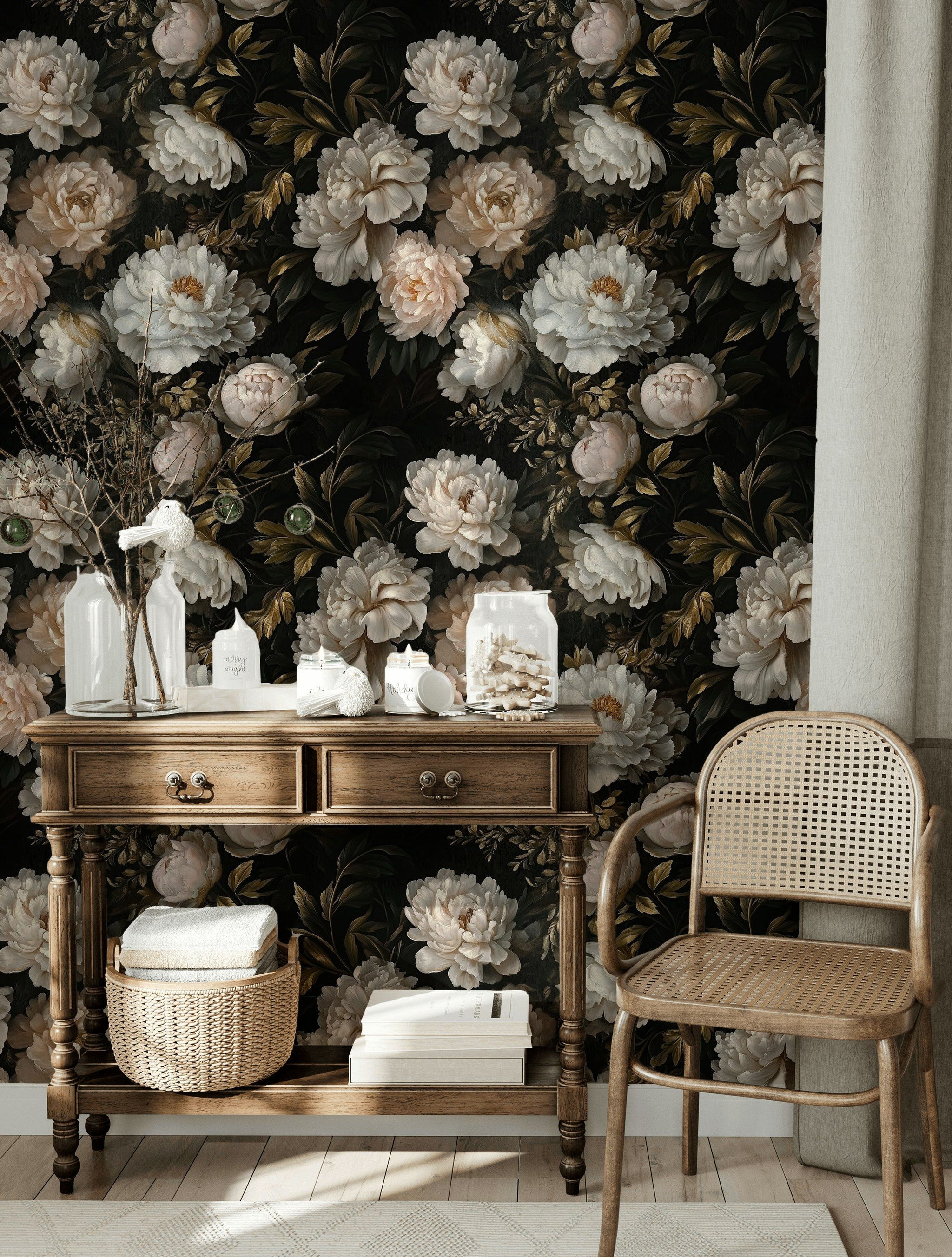 Dark Black Background Cream Peony Floral Wallpaper
