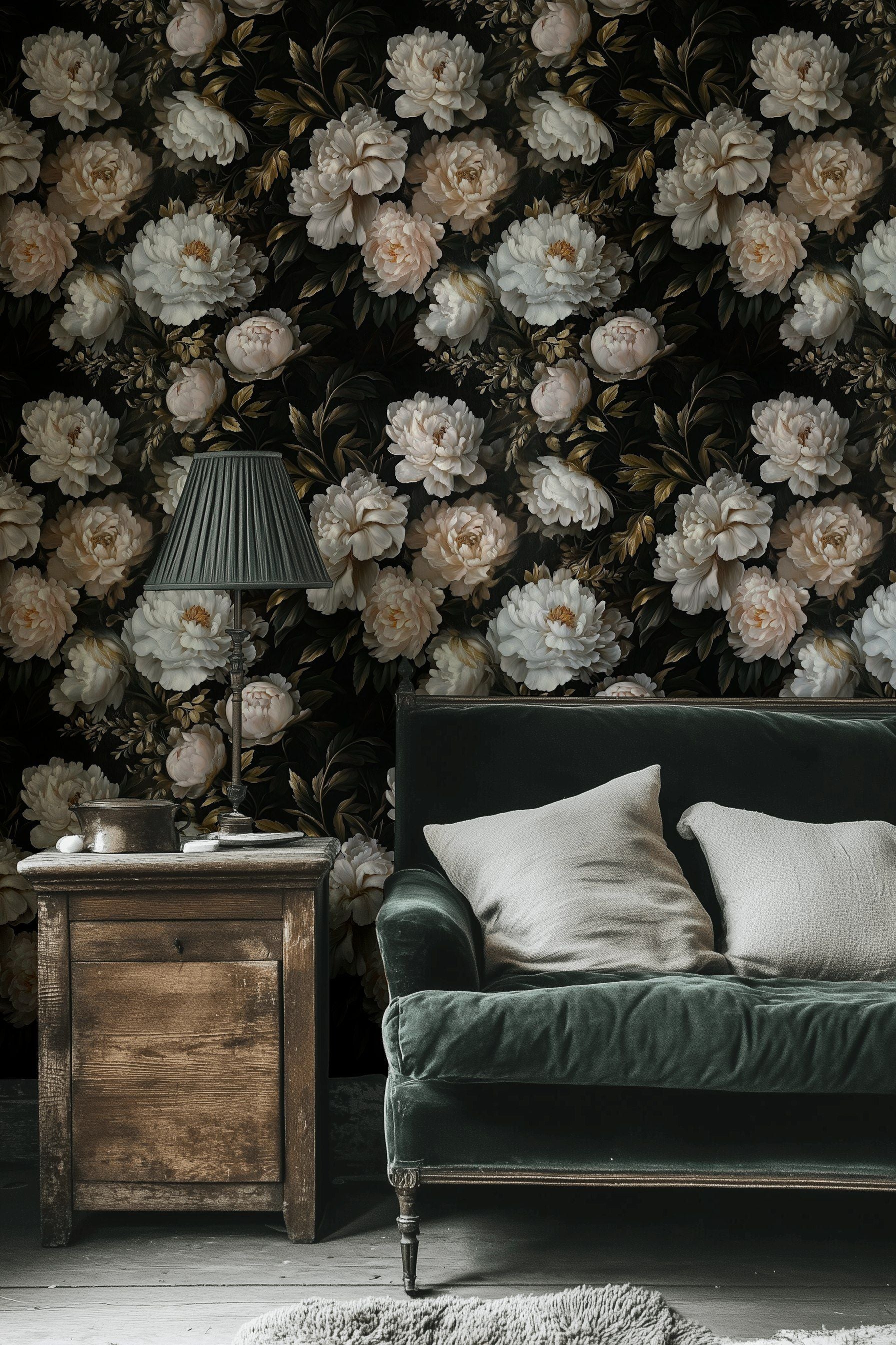 Dark Black Background Cream Peony Floral Wallpaper