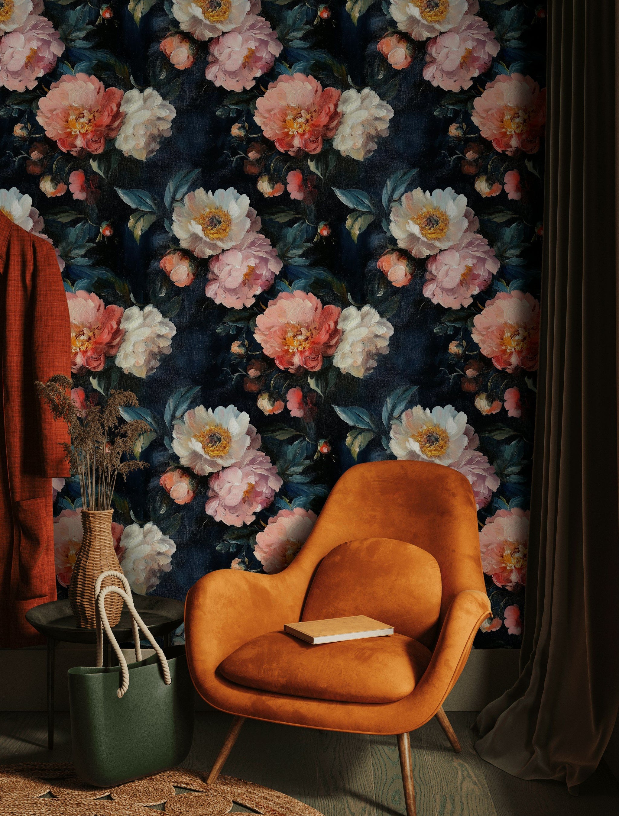 Dark Navy Peony Blossom Floral Wallpaper