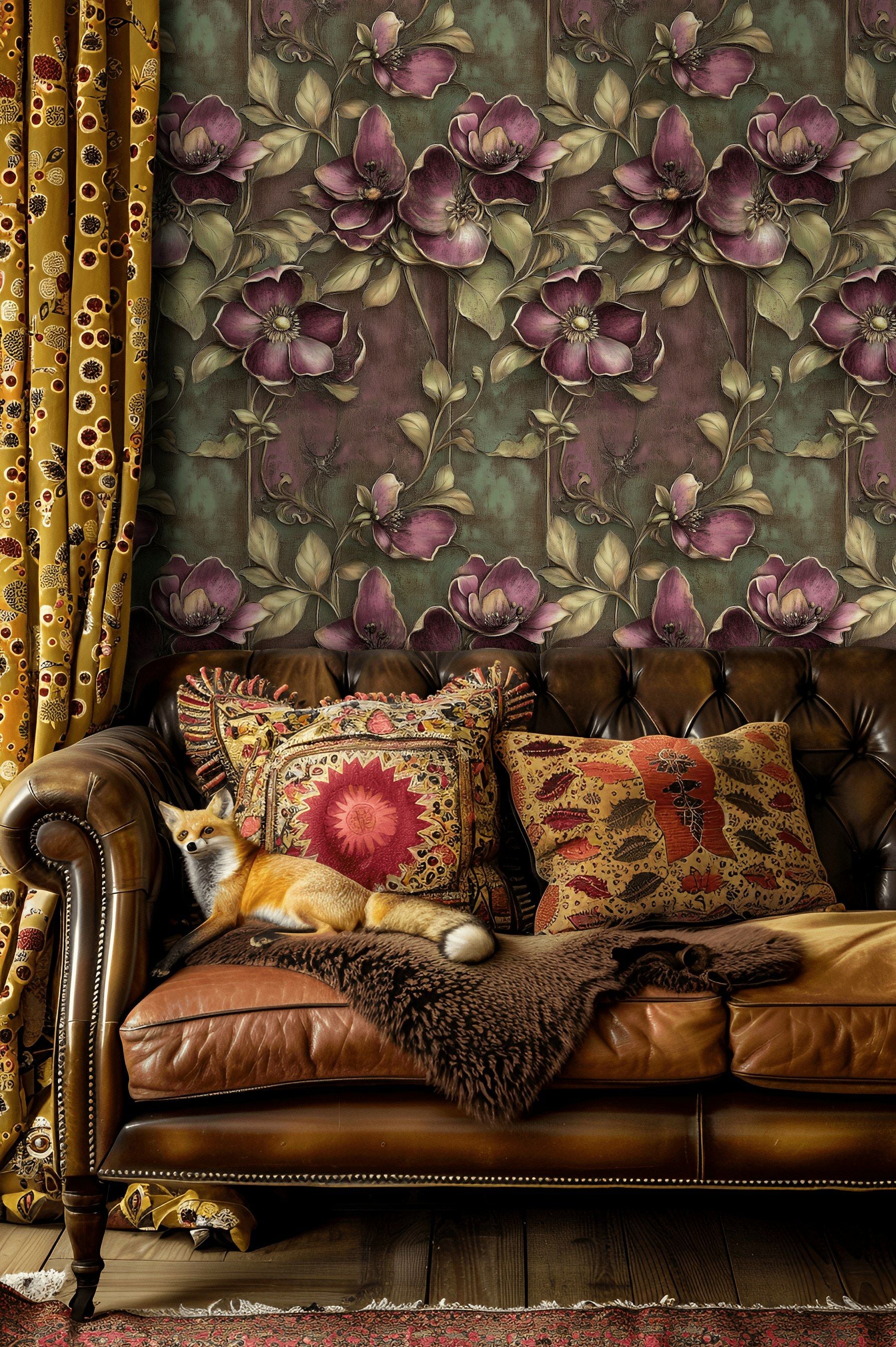 Deep Burgundy and Olive Large Floral Wallpaper
