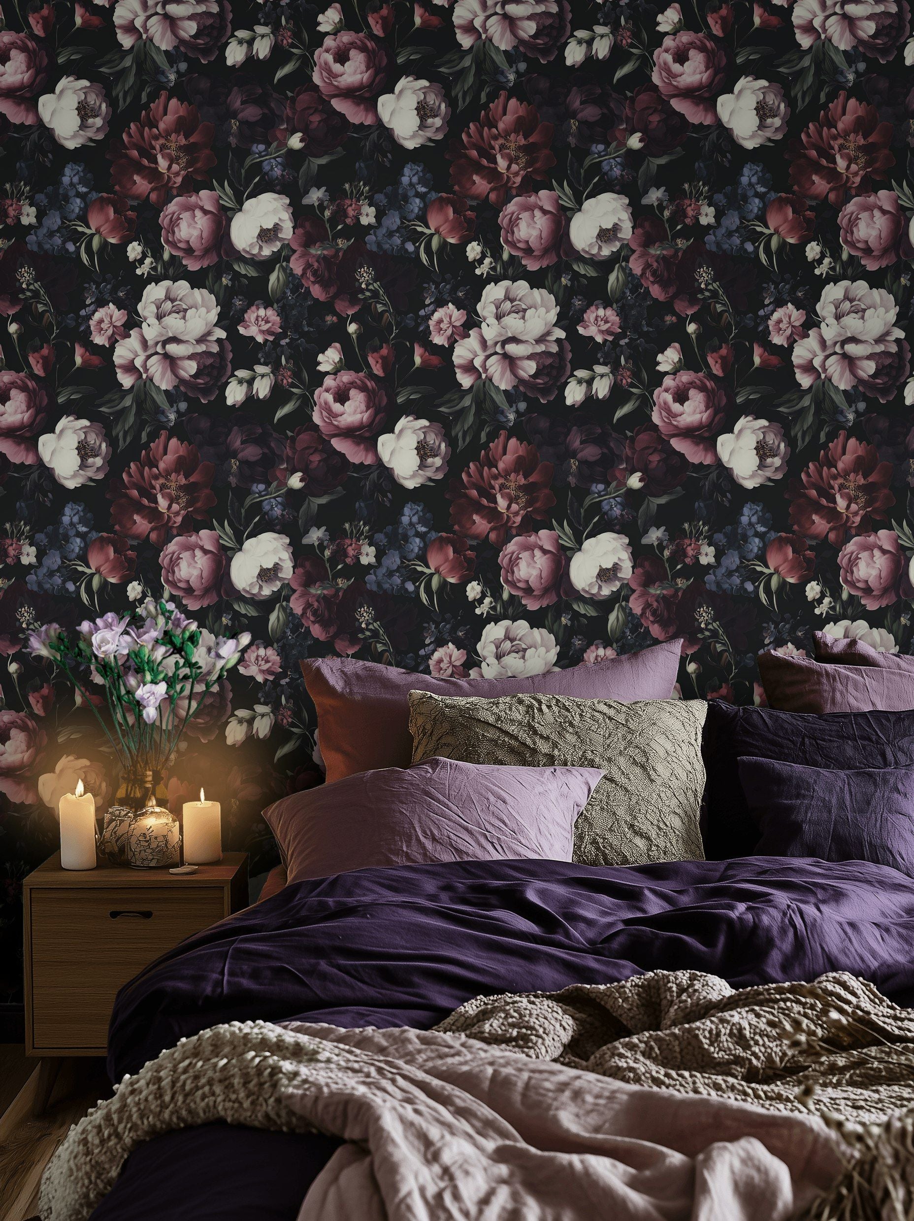 Burgundy Peonies on Deep Black Floral Wallpaper