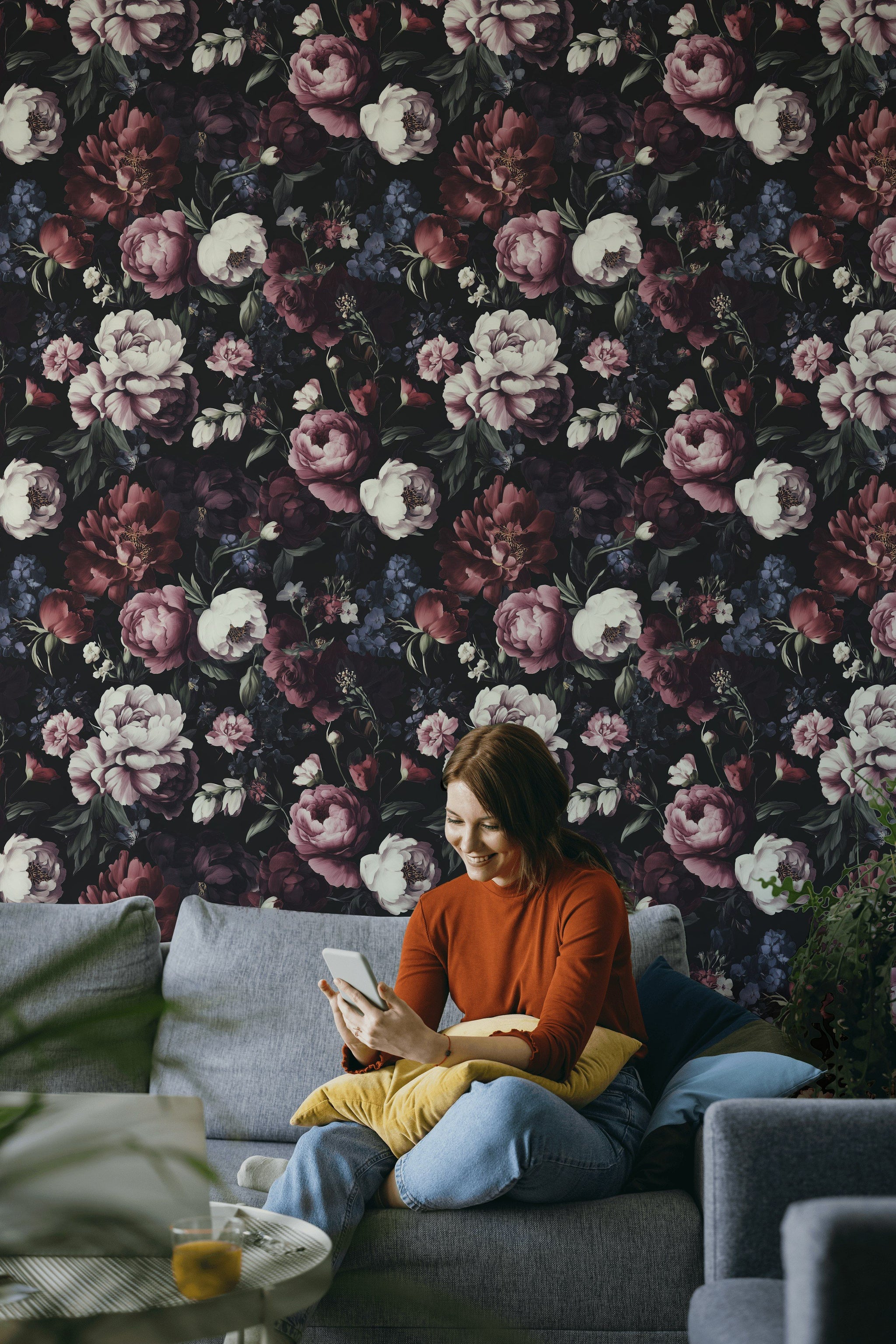 Burgundy Peonies on Deep Black Floral Wallpaper
