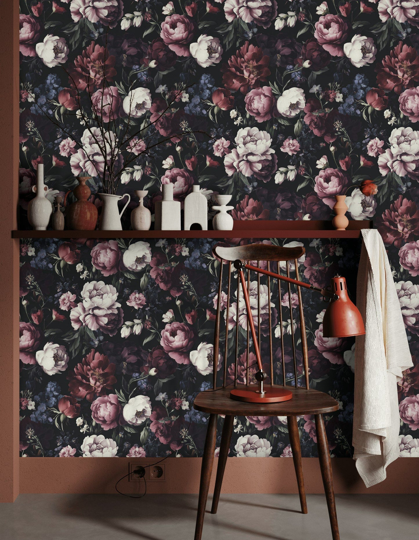 Moody Dark Floral Wallpaper with Large Peonies Wall Mural
