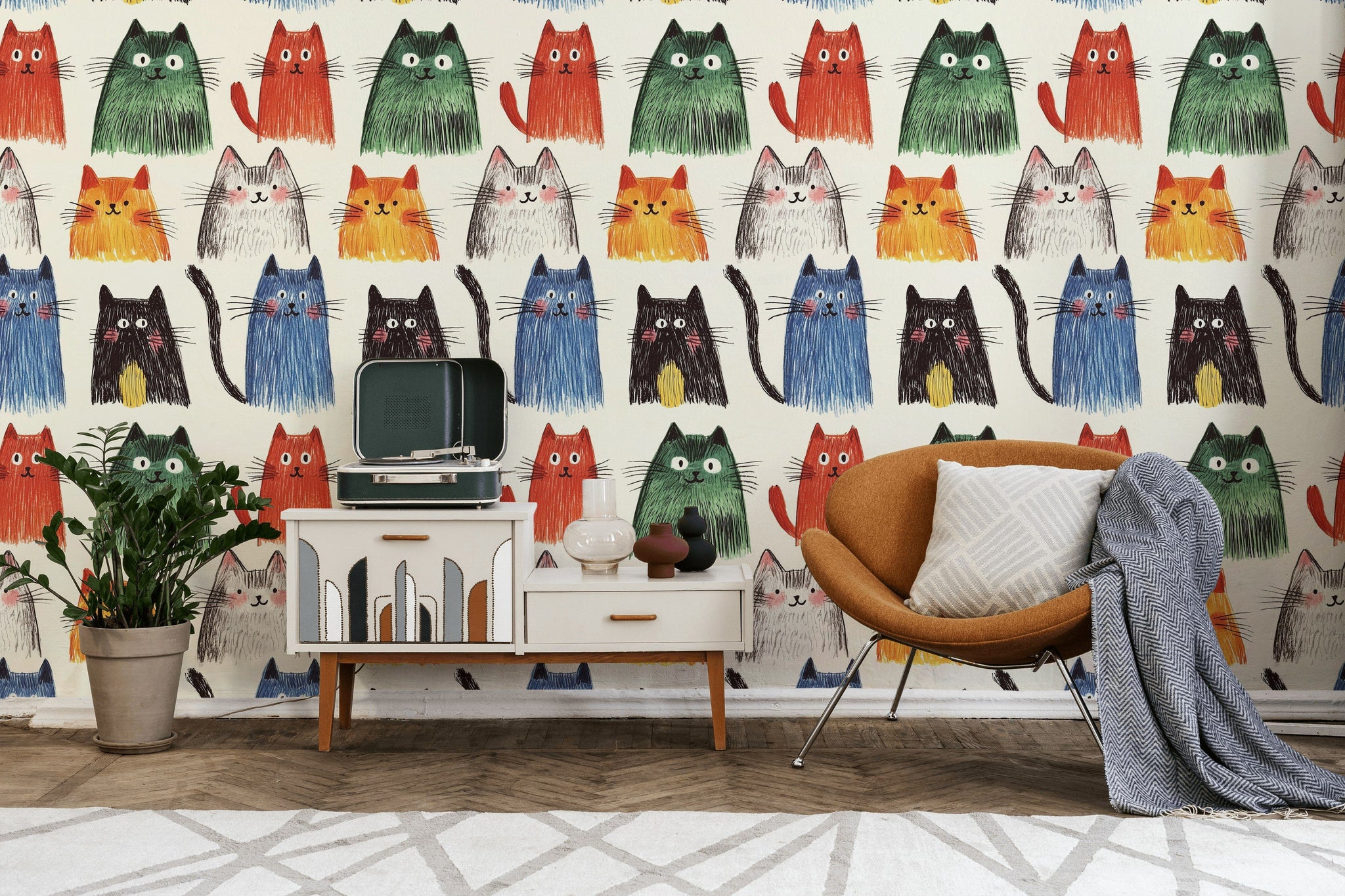 Cream Multicolor Playful Cat Pattern Wallpaper