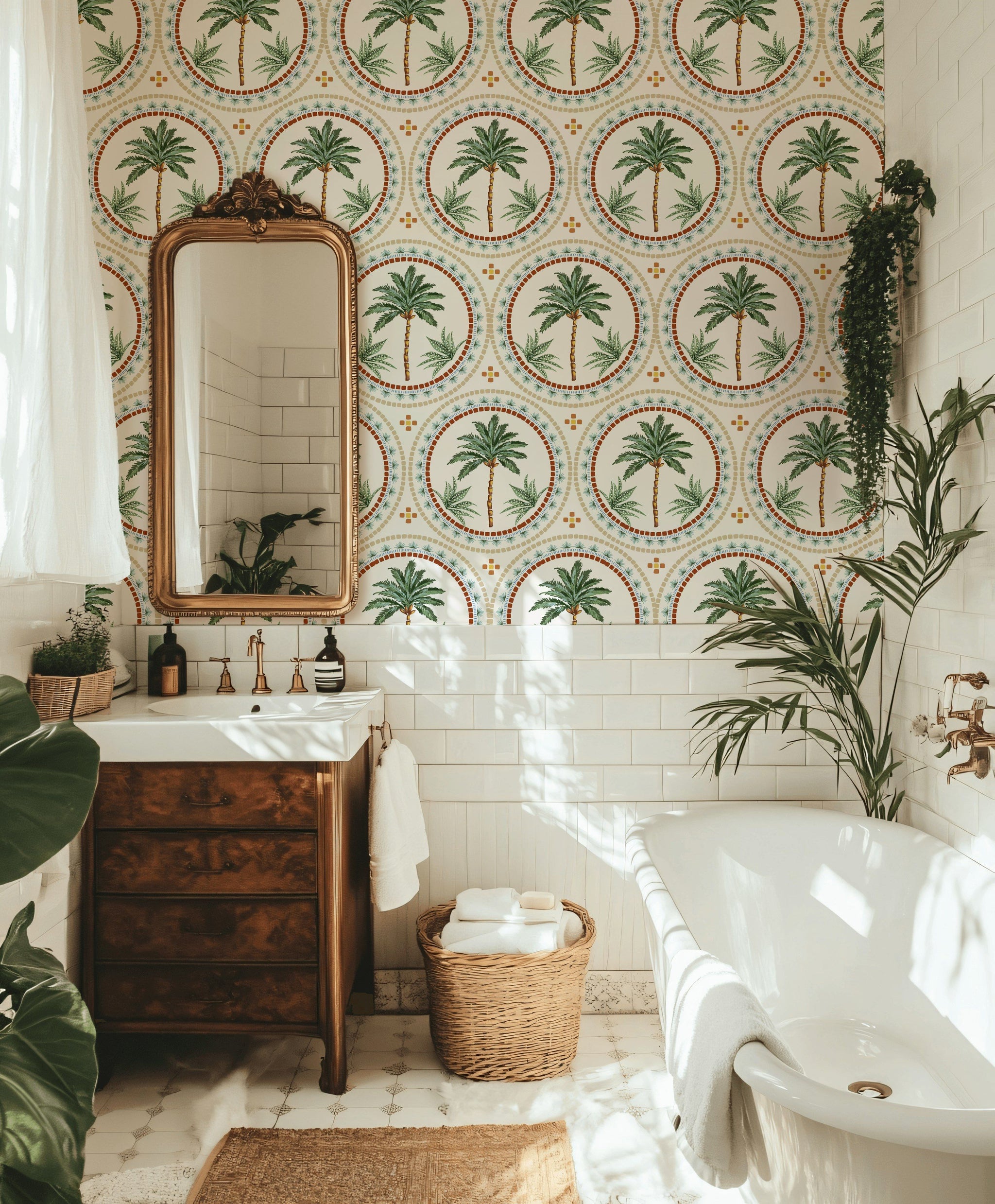 Cream and Green Mediterranean Palm Tree Wallpaper